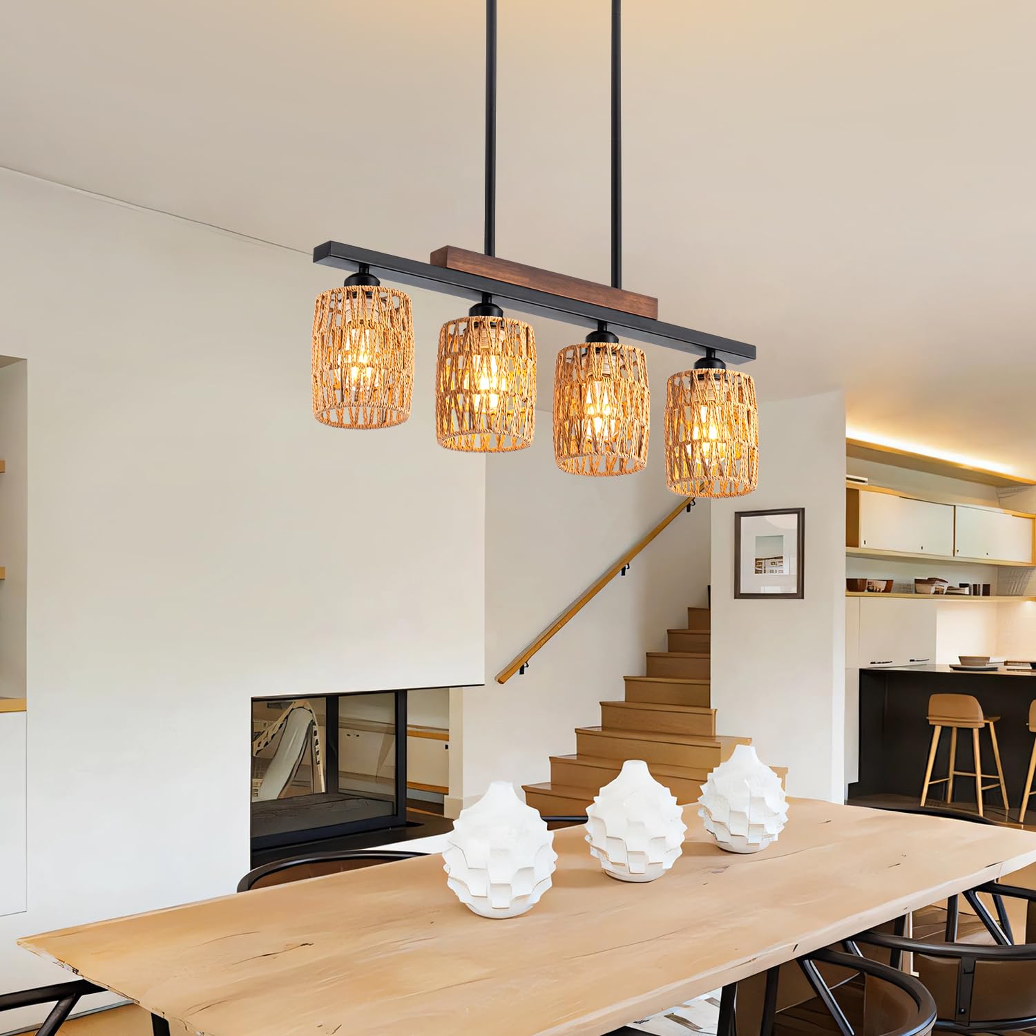 Rattan Farmhouse Chandelier - 4-Light Boho Dining Room Pendant Light with Adjustable Height, Rustic Wood & Matte Black Linear Chandelier for Kitchen Island, Dining Table | Perfect for Farmhouse Decor, Open Concept Kitchens & Cozy Breakfast Nooks