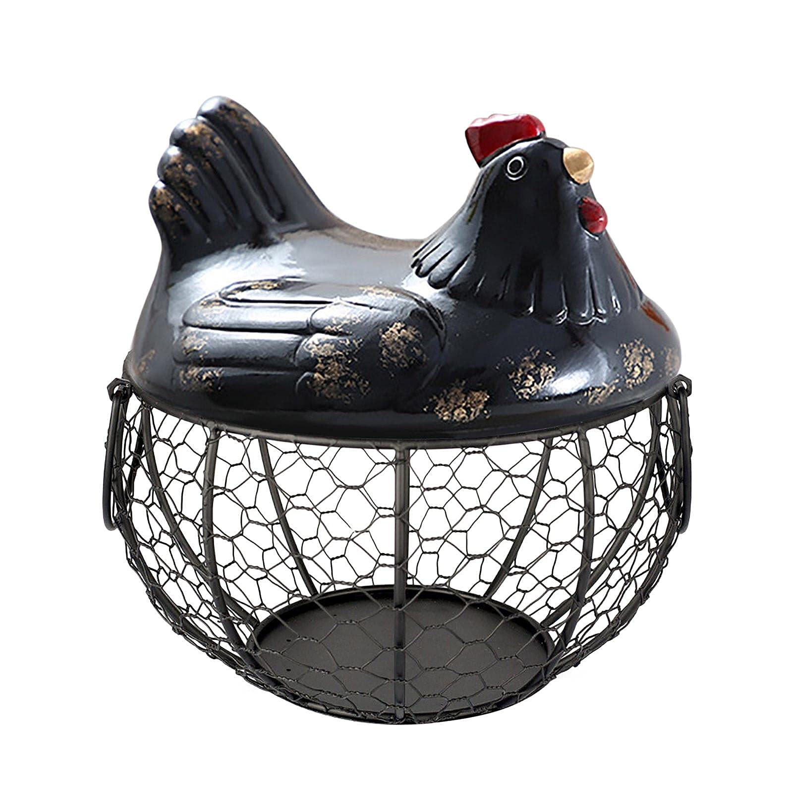 Metal Wire Basket with Ceramic Hen Lid - Decorative Kitchen Storage for Fruits, Eggs & Household Items | Perfect for Farmhouse, Rustic & Country Style Kitchens