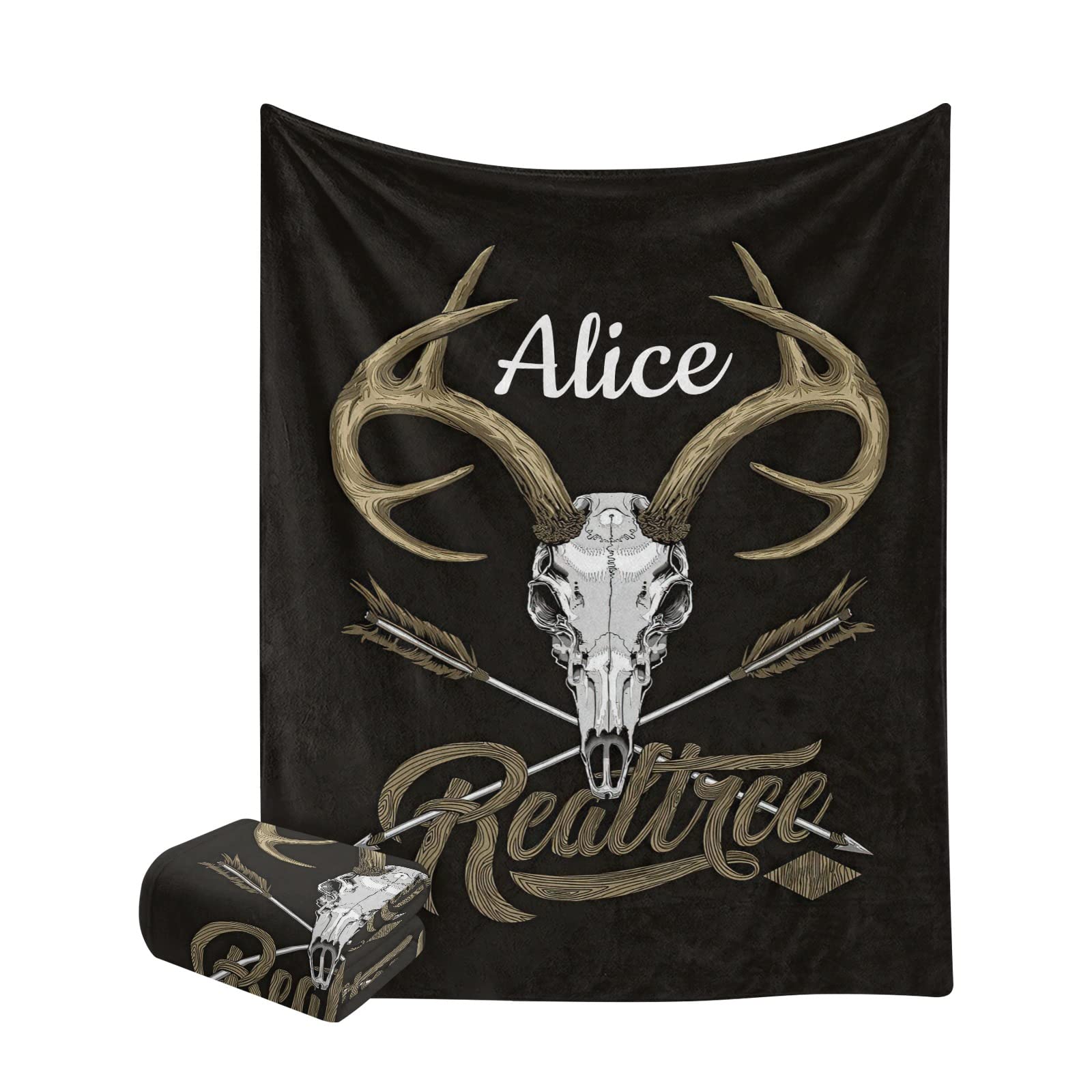 Custom Personalized Deer Skull Fleece Throw Blanket - Soft Cozy 50x60 Inch Blanket with Name for Gifts - Perfect for Sofa, Bed, Couch & Outdoor Camping