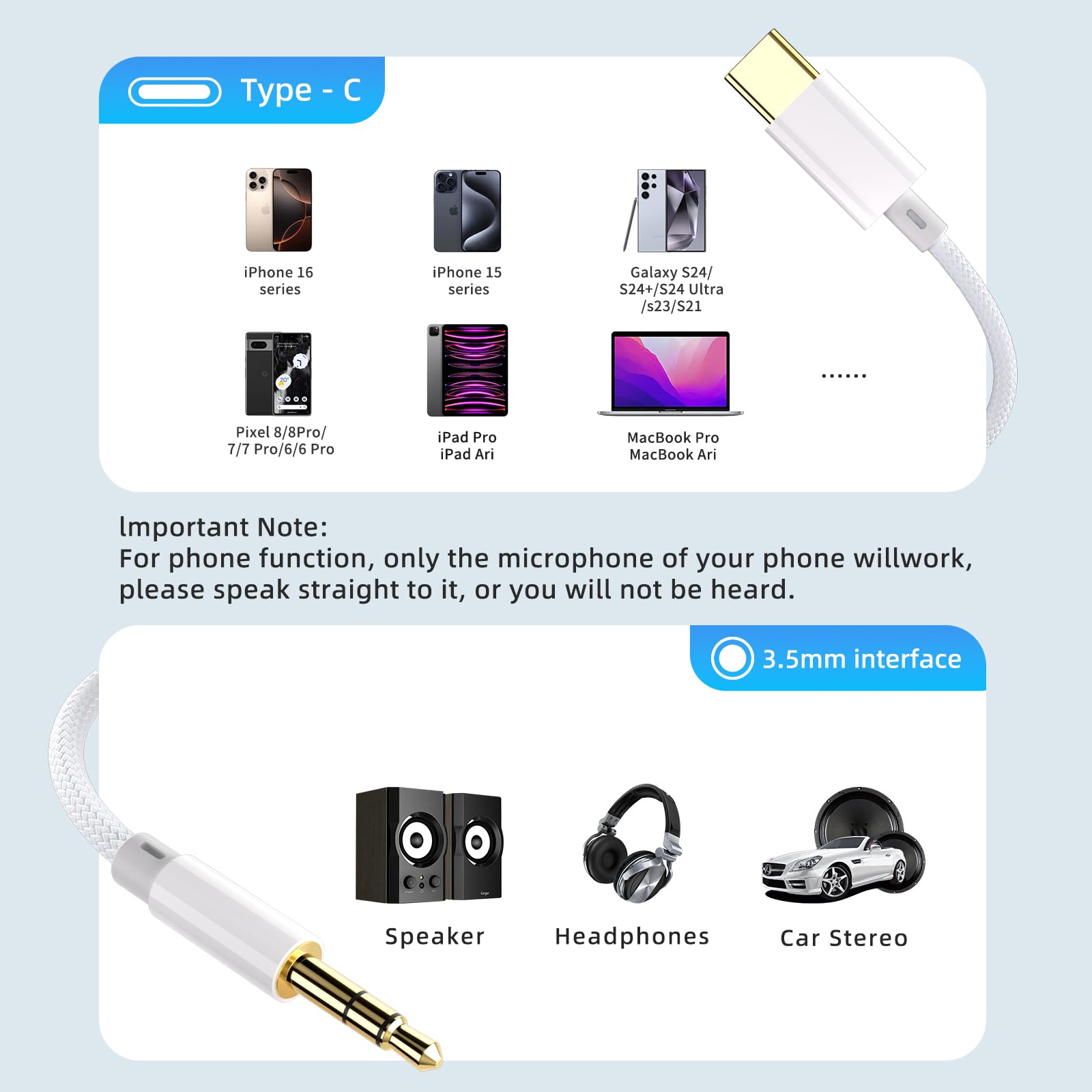 3.3ft USB Type C to 3.5mm Audio Aux Jack Cable - Compatible with iPhone 16/15 Pro Max/15 Pro/15 Plus, Galaxy S24/S23, Pixel 9 - Perfect for Car Audio, Headphones, Speakers & Gaming Headsets