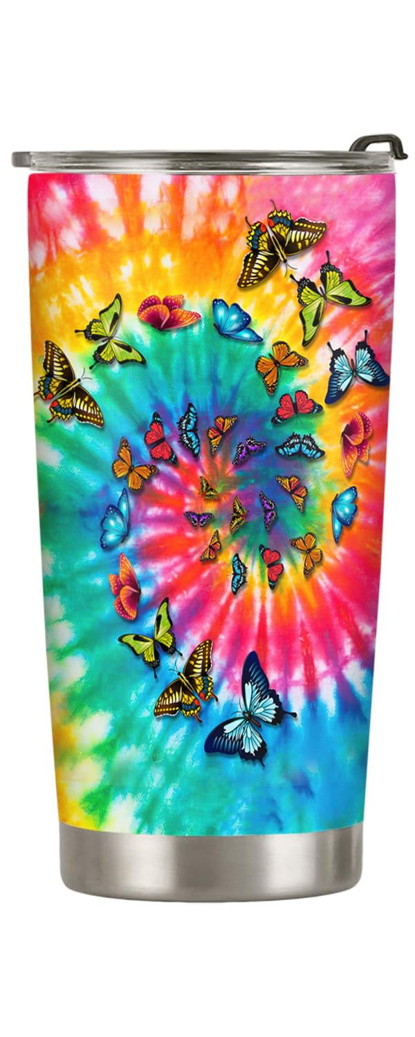 64HYDRO 20oz Tie Dye Butterfly Stainless Steel Tumbler - Double Wall Vacuum Insulated Travel Coffee Mug with Lid - Colorful Butterfly Gift for Women & Butterfly Lovers - Perfect for Office, Hiking, Camping & Daily Use