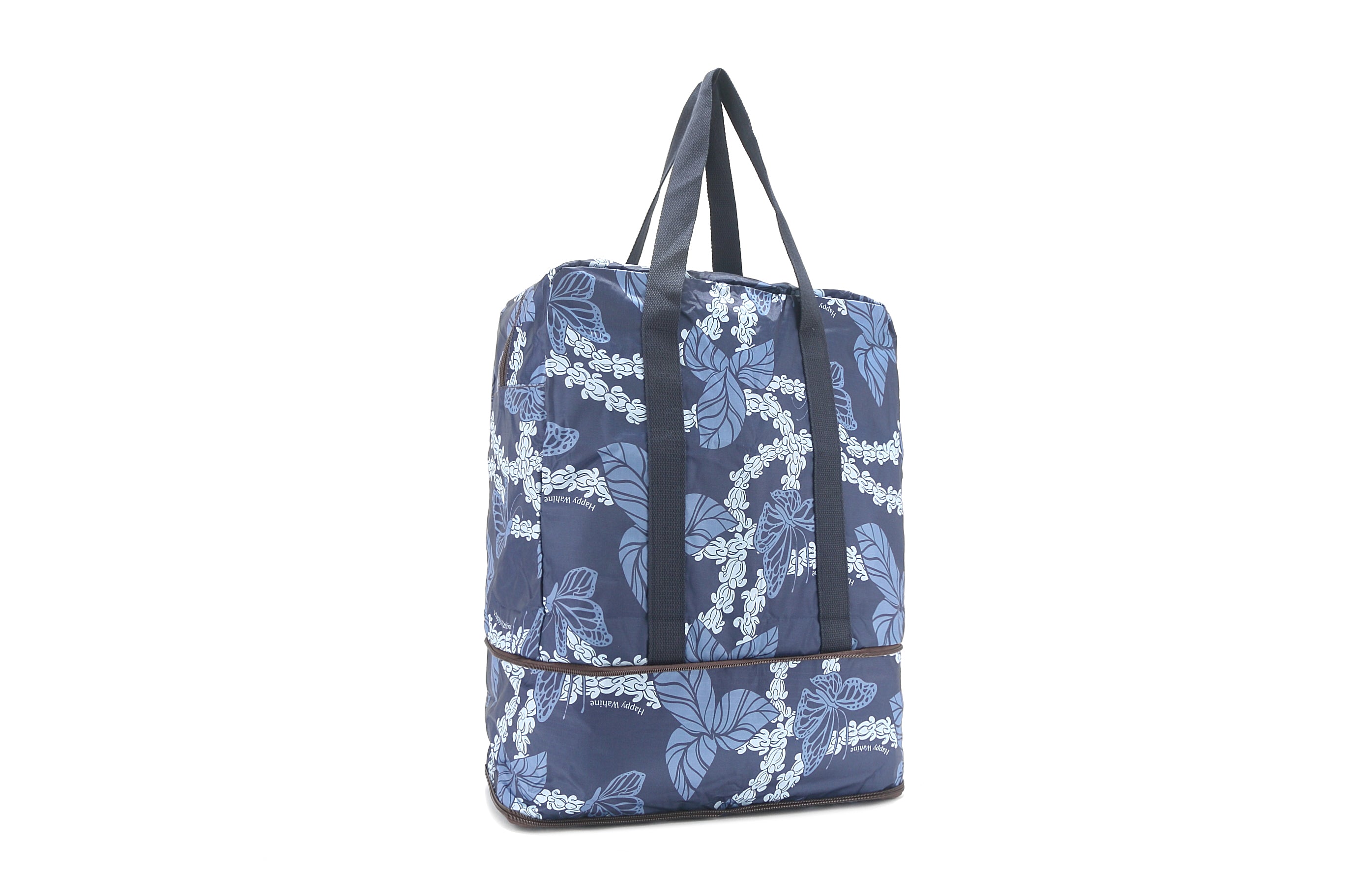 Foldable Duffle Bag for Travel & Gym - Waterproof Carry On Luggage with Shoulder Strap - Sophie Butterfly Lei Navy Design - Perfect for Weekend Getaways, Sports & Business Trips