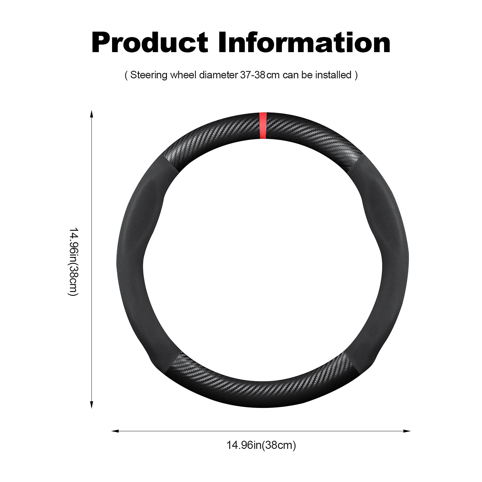 Premium Carbon Fiber & Microfiber PU Leather Steering Wheel Cover - Anti-Slip, Breathable, Sweat Absorbent - 15