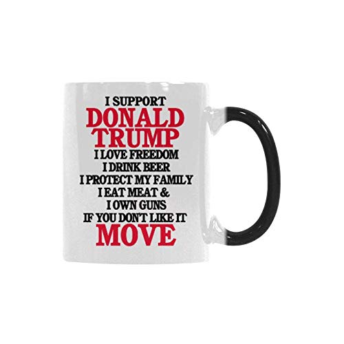 WECE 11oz Heat Sensitive Color Changing Coffee Mug - Funny & Creative 'I Support Donald Trump, I Love Freedom, I Drink Beer, I Protect My Family' Design - Ceramic Cup for Coffee, Tea, Beer - Perfect for Home, Office, Gifts & Political Enthusiasts