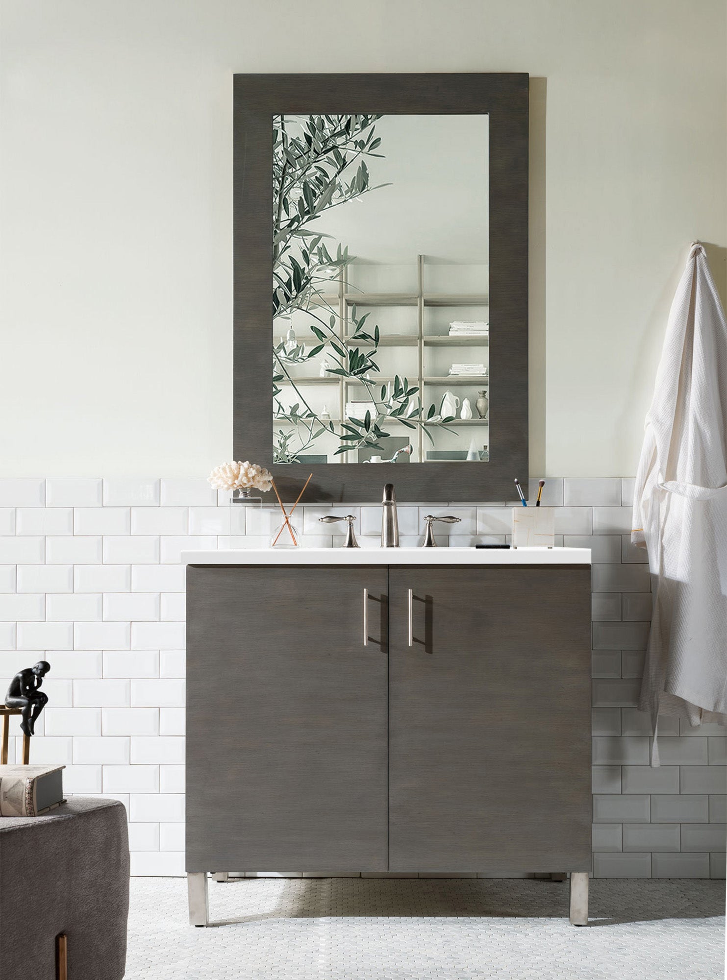 Metropolitan 36 Inch Single Bathroom Vanity with White Zeus Quartz Top in Silver Oak - Perfect for Modern Master Bathrooms and Powder Rooms