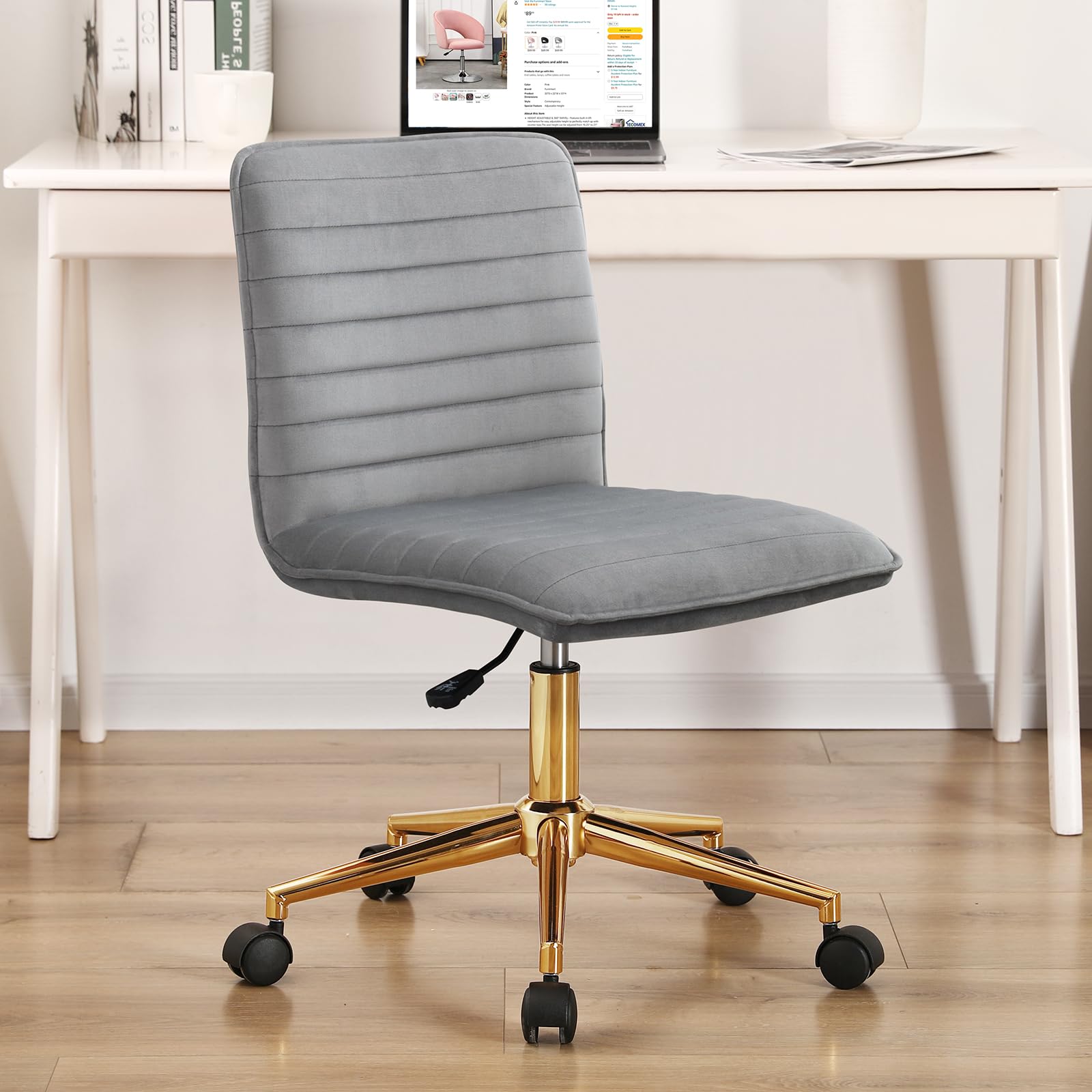Furnimart Modern Armless Office Desk Chair - Adjustable Swivel Mid-Back Upholstered Chair for Home Office, Dorm Room & Vanity | Soft Velvet Seat (Grey) | Perfect for Teen Girls, Small Spaces & Workstations