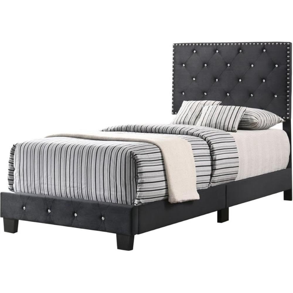 Glory Furniture Suffolk Velvet Upholstered Twin Bed Frame in Black - Luxurious Velvet Upholstered Bed for Kids Room, Guest Room & Small Space Bedroom