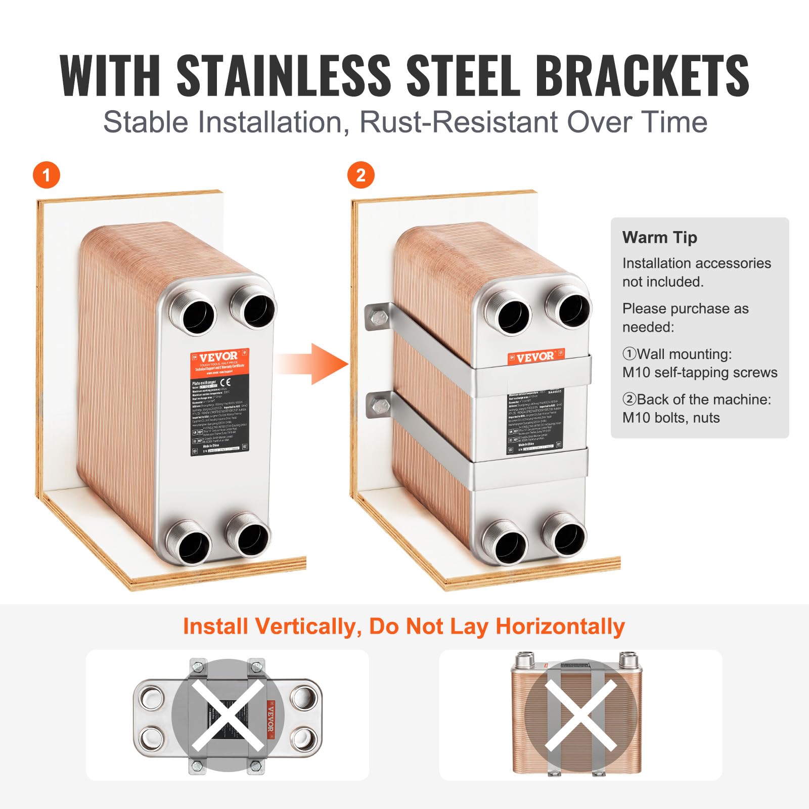 VEVOR 100 Plate Stainless Steel & Copper Heat Exchanger - High Efficiency Plate Heat Exchanger for HVAC, Industrial & Marine Applications - Perfect for Heating, Cooling & Heat Recovery Systems