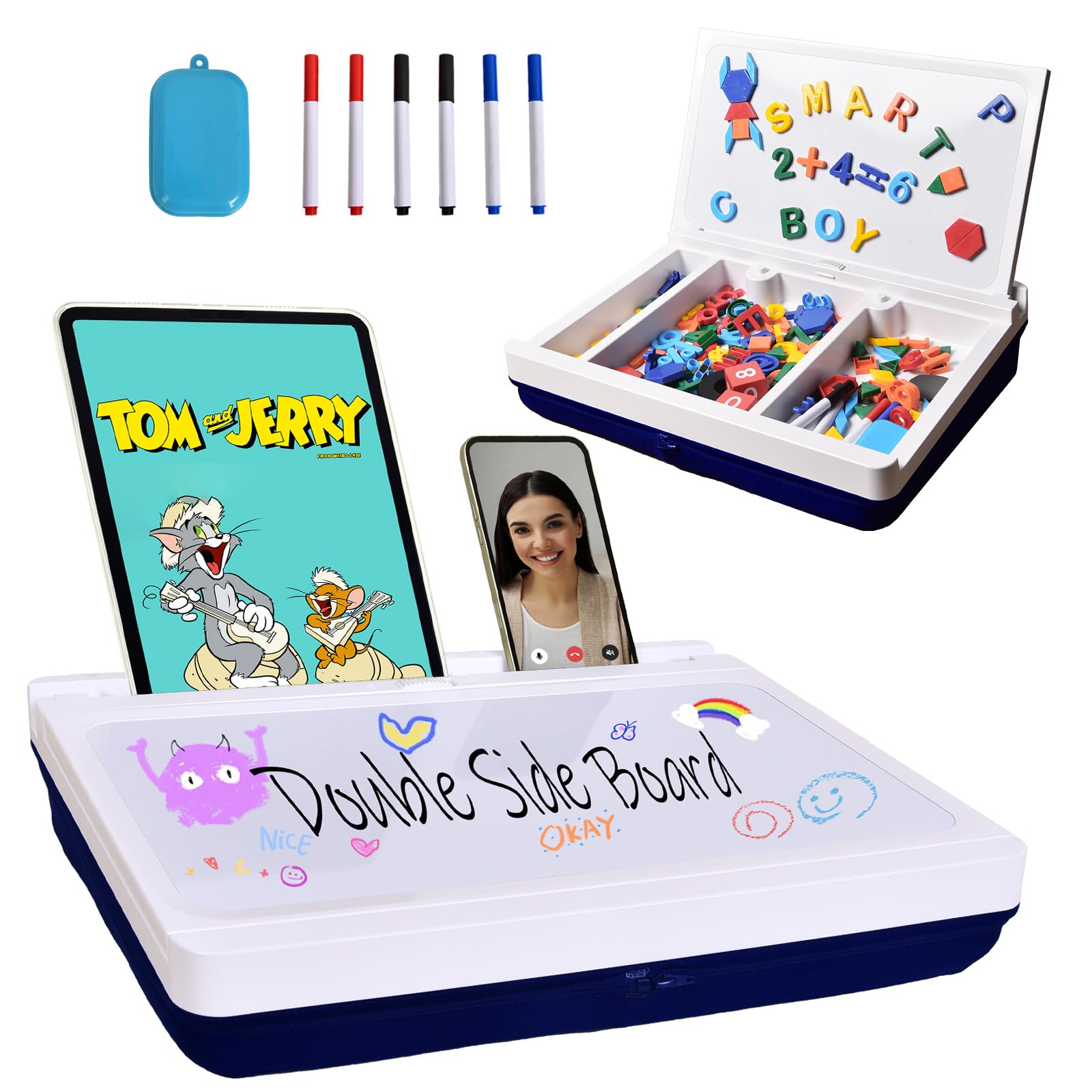 Kids Lap Desk with Storage Cushion & Magnetic Whiteboard - Portable Double-Sided iPad Slot Lap Table for Children & Adults - Washable Study & Drawing Surface - Perfect for Bed, Sofa, Car & Homeschooling - White
