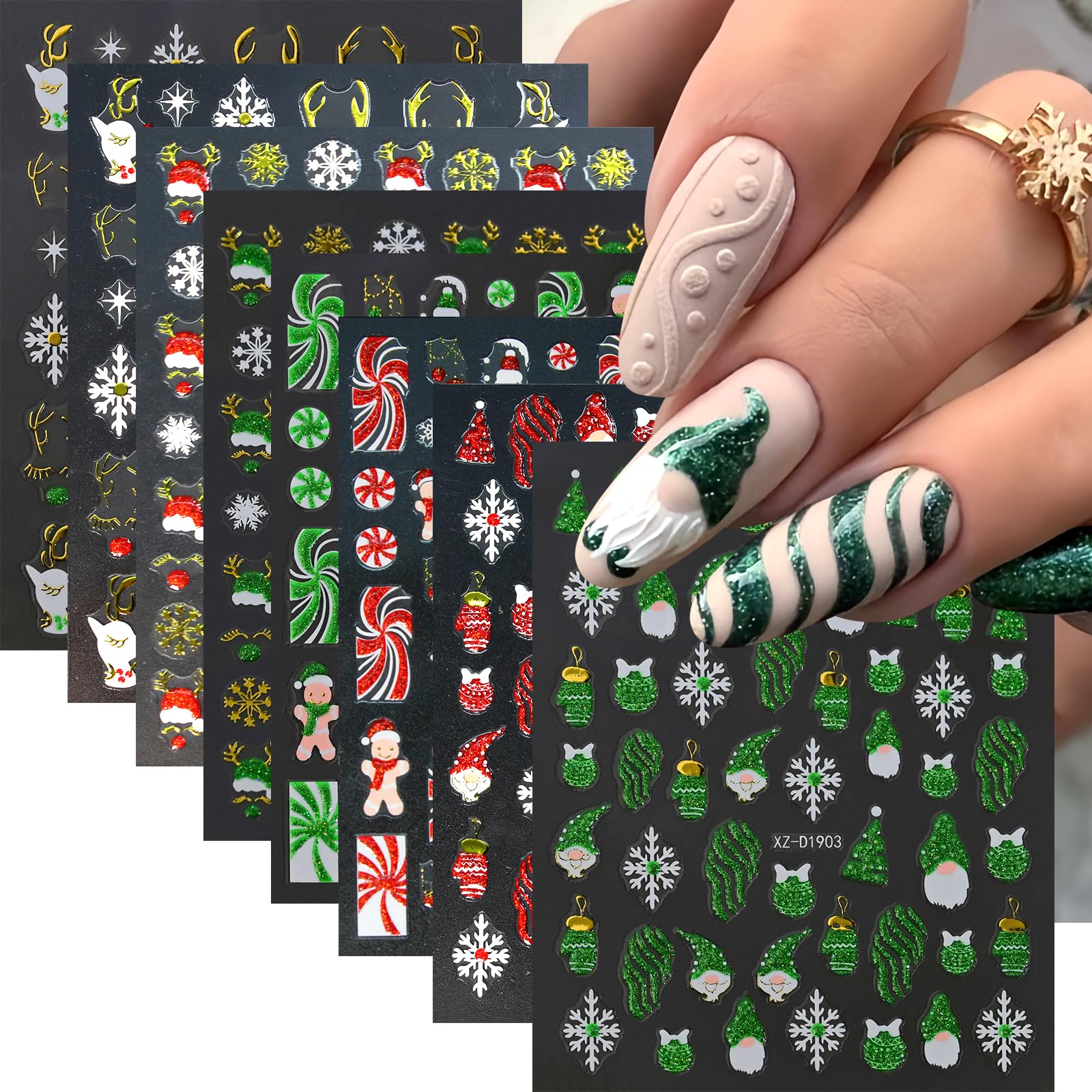 8 Sheets Christmas Nail Stickers - 3D Self-Adhesive Gingerbread Man, Snowmen, Elk & Santa Hat Nail Art Decals with Red Green Glitter for Holiday Manicure | Perfect for Xmas Parties, Gift Giving & Winter Nail Art Designs