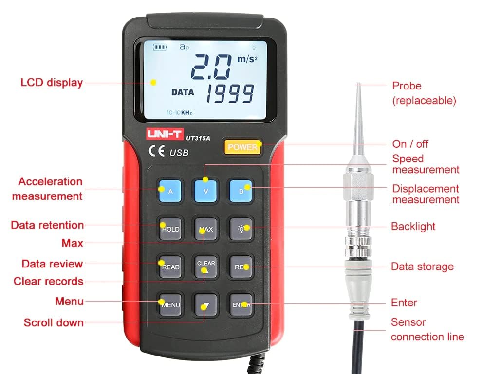 UNI-T UT315A Digital Vibration Tester - Measures Acceleration (0.1-200 m/s²), Speed (0.1-20 mm/s) & Displacement (1-2 mm) - Industrial Equipment Maintenance, Machine Condition Monitoring Tool