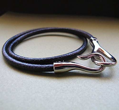Silver Hook Bracelet for Men - Black Leather Cord Wristband with Secure Hook Closure - Stylish Wrap Bracelet for Him - Durable Leather Mens Jewelry - Perfect for Casual Wear, Date Nights & Gifts