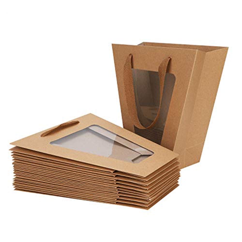 10 Pack Medium Kraft Paper Flower Bouquet Gift Bags with Handles & Clear Window - Eco-Friendly Florist Tote Bags for Wedding, Anniversary, Party Decorations & Gift Wrapping