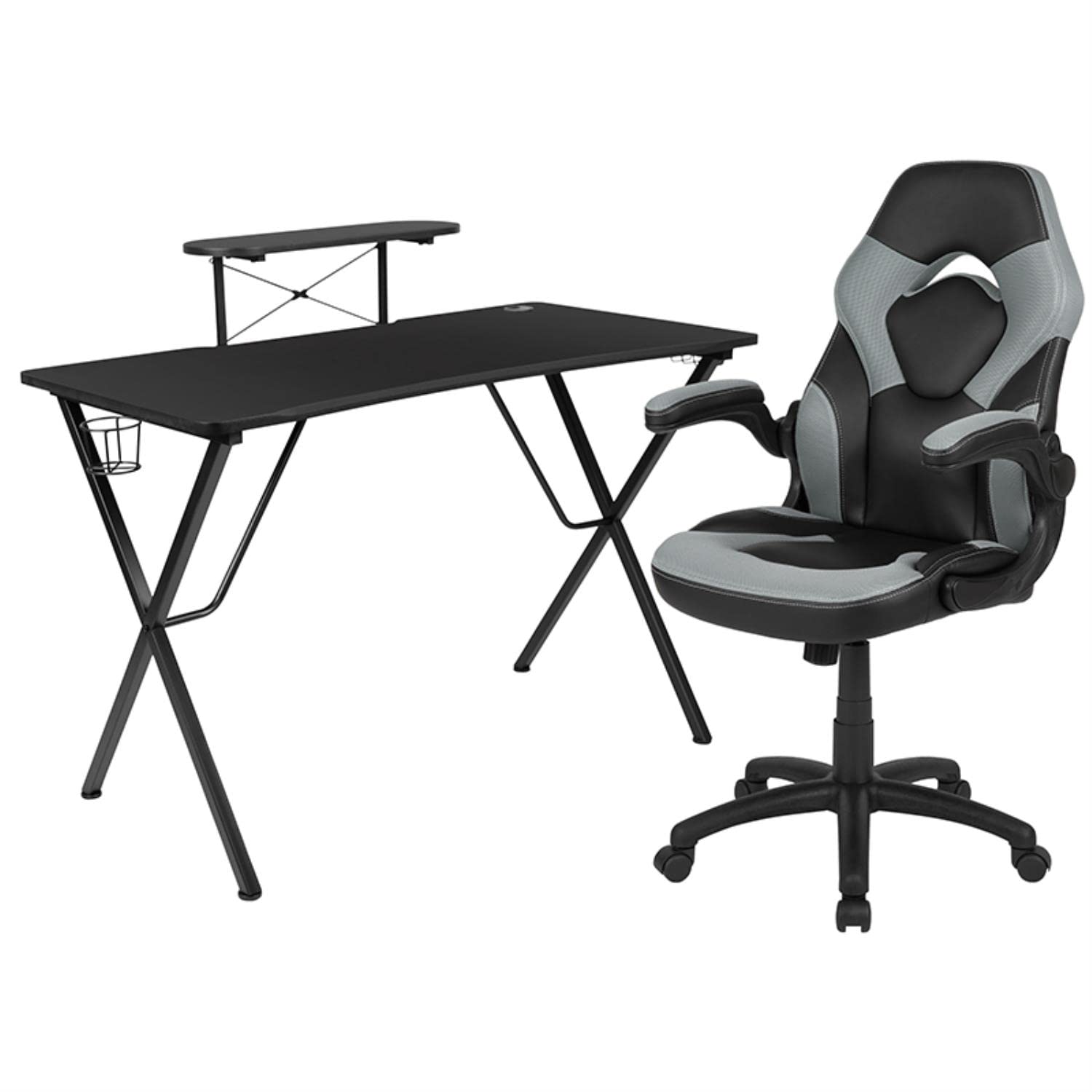 Flash Furniture Black Gaming Desk & Gray/Black Racing Chair Set with Cup Holder, Headphone Hook & Monitor Stand - Ergonomic Computer Workstation for PC Gaming, Streaming & Home Office Setup