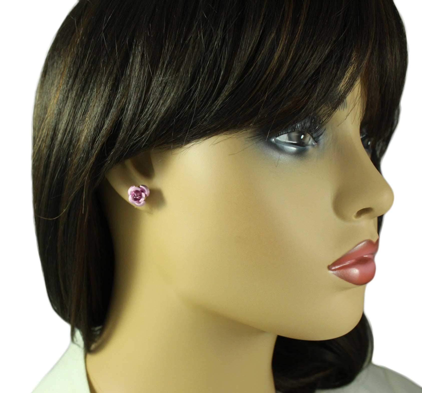 Pink Aluminum Rose Flower Stud Earrings for Women - Hypoallergenic Pierced Ear Jewelry for Daily Wear & Special Occasions