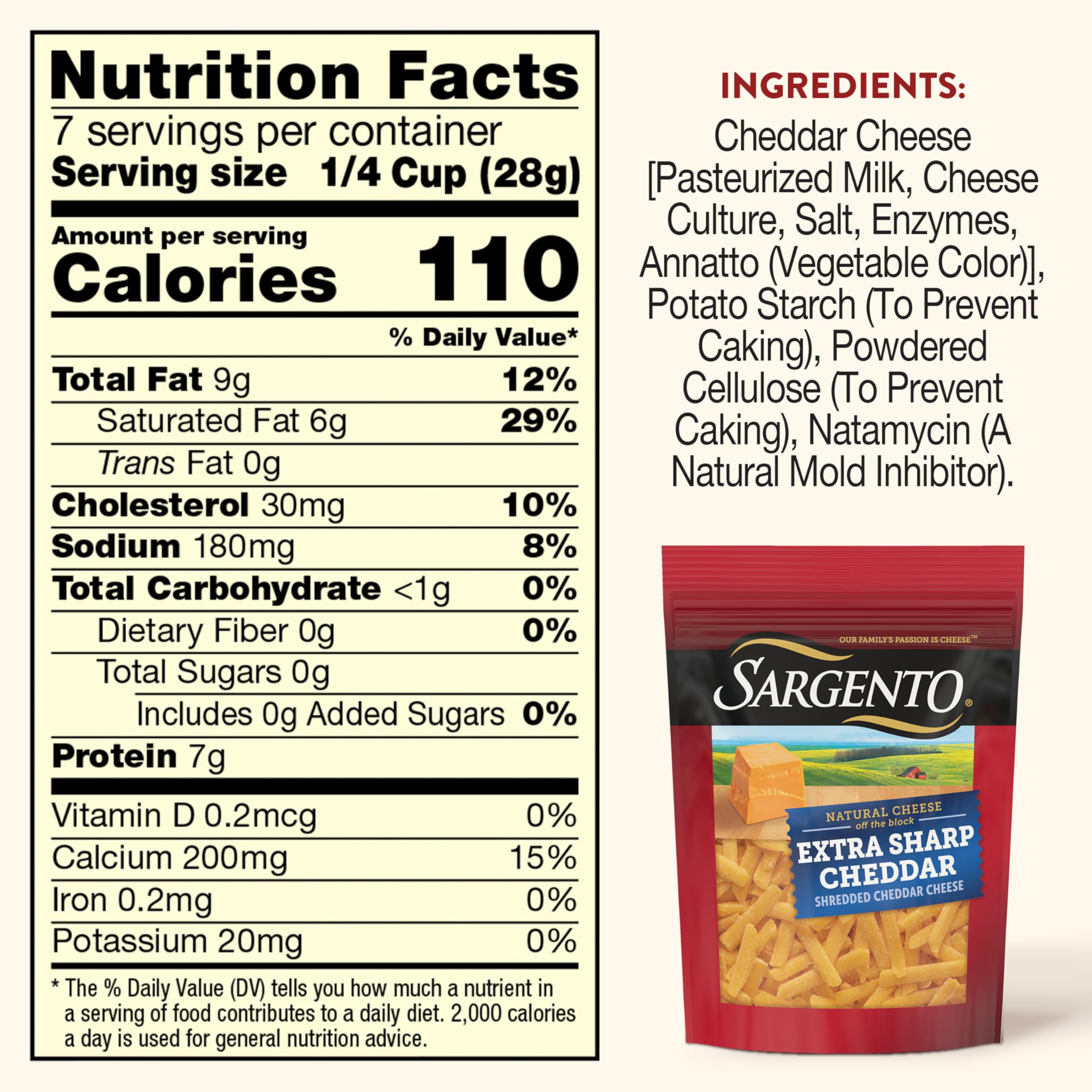 Sargento Shredded Extra Sharp Natural Cheddar Cheese - 7 oz Bag | Premium Aged Cheese for Cooking, Baking & Snacking | Perfect for Nachos, Mac & Cheese, Salads & Sandwiches