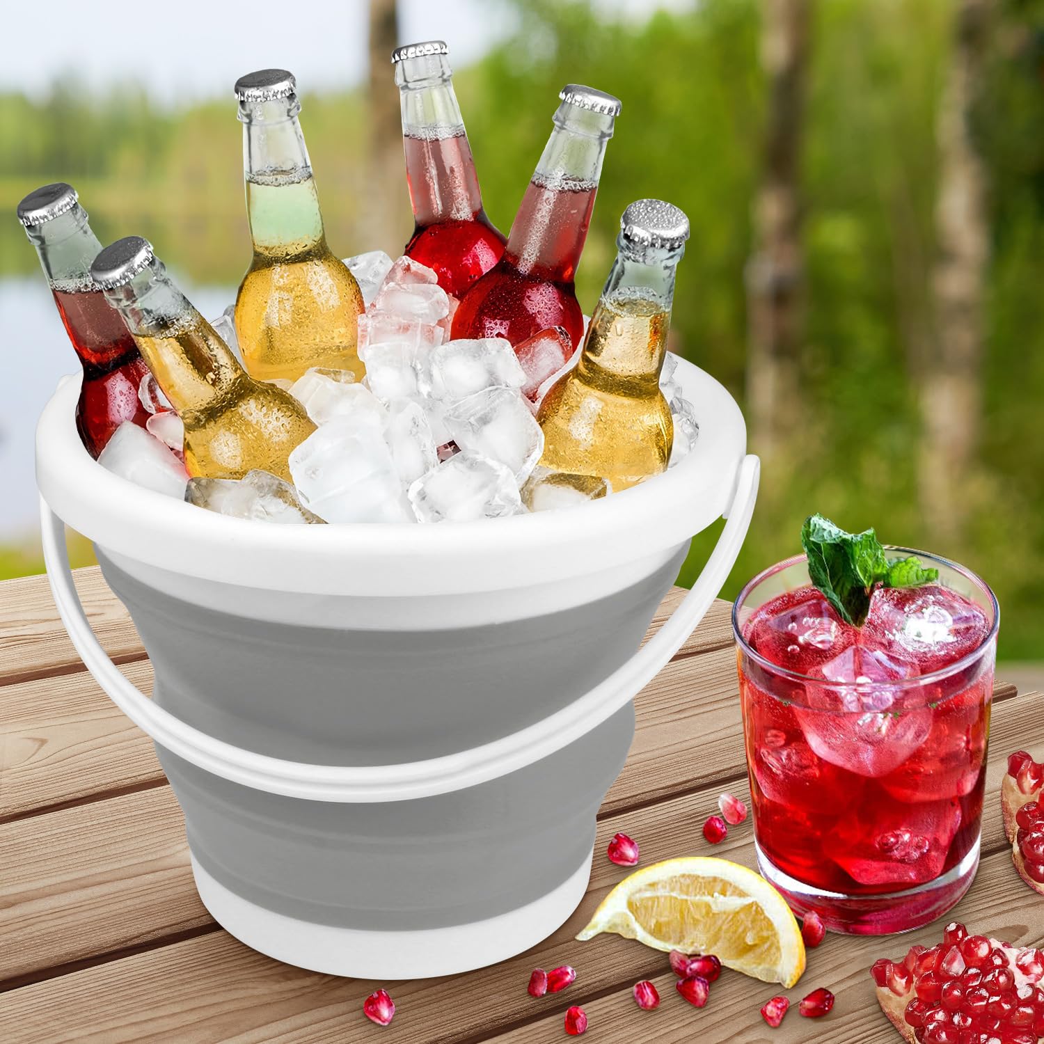 Collapsible 5L (1.3 Gallon) Silicone Mop Bucket & Ice Bucket - No Wringer Set, Portable Cleaning Supplies for Bathroom & Floor - Perfect for Household Cleaning, Mopping, and Chilling Drinks at Parties