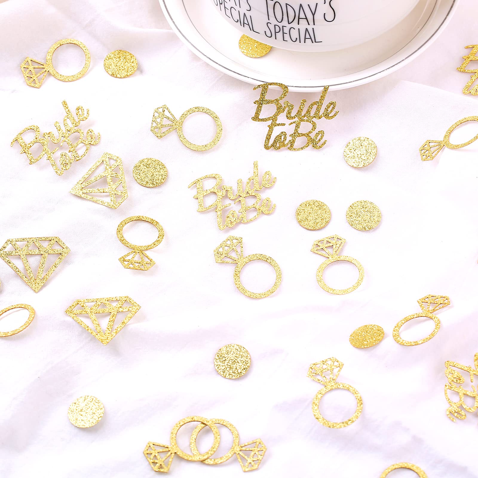 300pcs Gold Glitter Confetti for Bridal Shower Decorations - Diamond, Ring & Circle Shapes for Engagement Party, Wedding & Bachelorette Party Favors - Perfect for Table Scatter, Photo Backdrops & Gift Wrapping