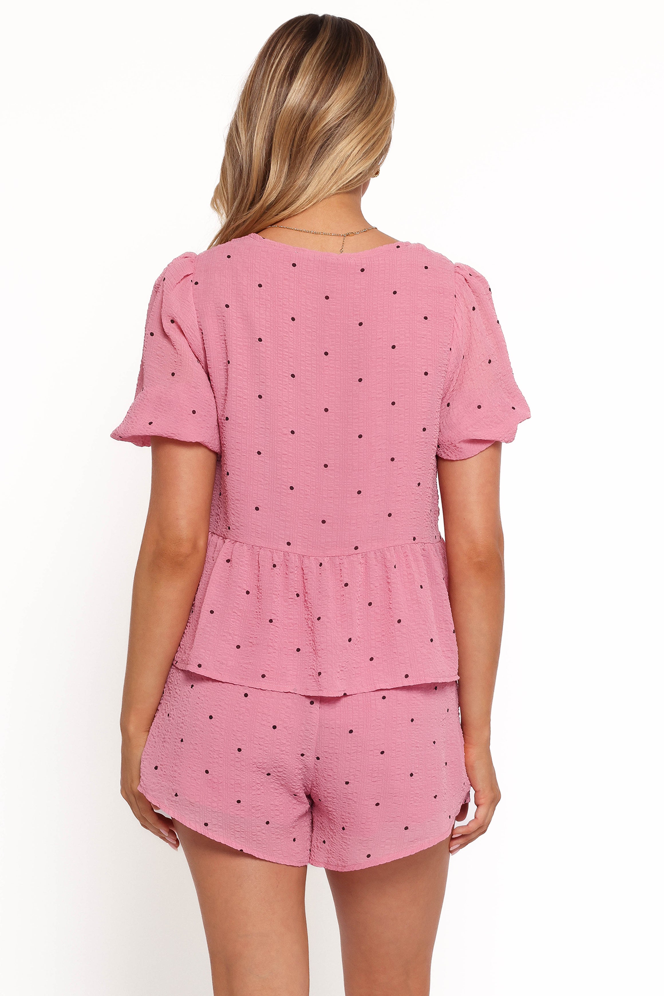 Dory Top Women's Pink Polka Dot Blouse - Casual Short Sleeve Shirt for Spring & Summer Outfits | Perfect for Dates, Office Wear & Weekend Brunch