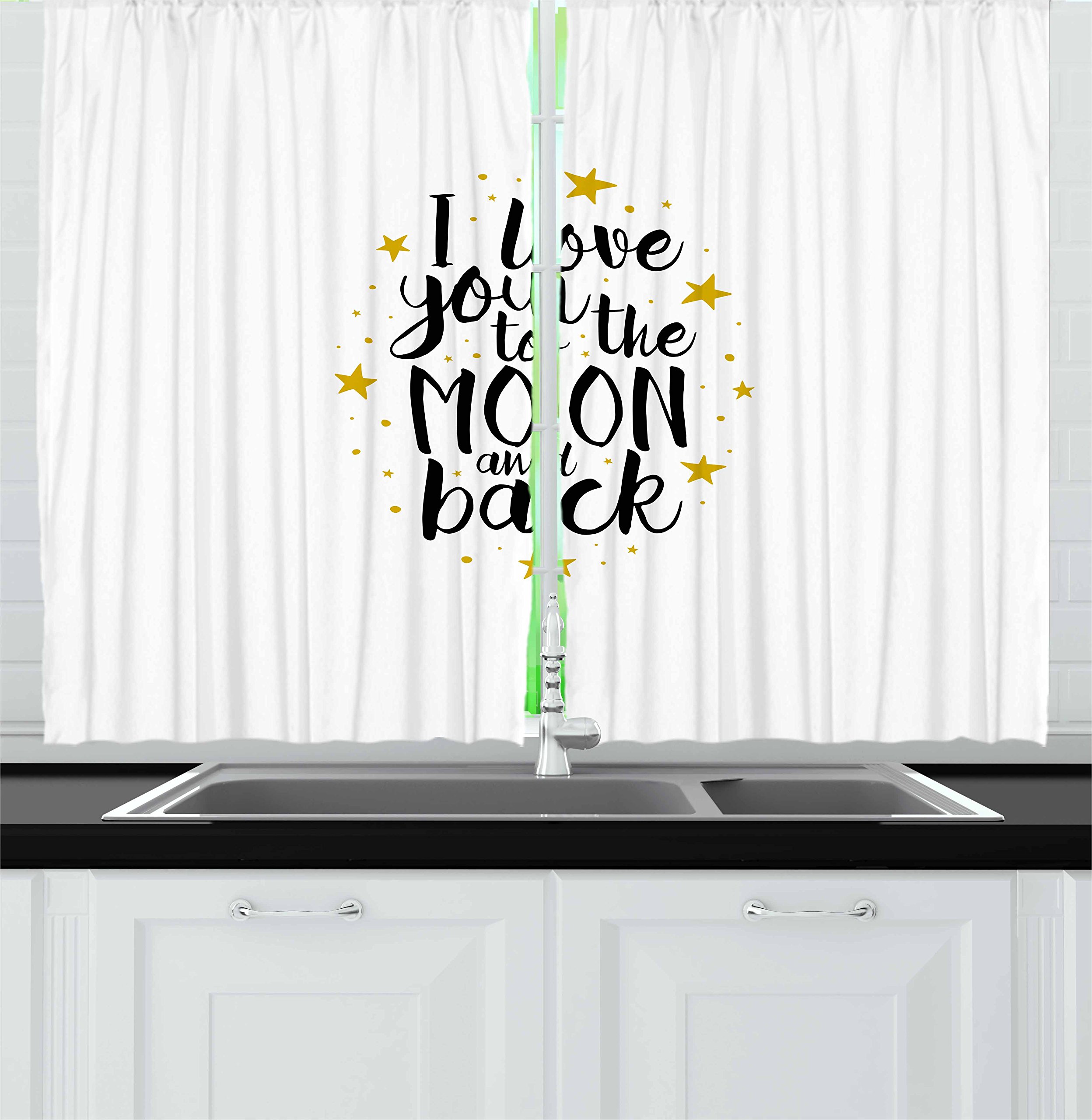 Ambesonne Love Kitchen Curtains Set of 2 Panels - 'I Love You to The Moon and Back' Doodle Stars Handwritten Inspirational Window Drapes for Kitchen & Cafe Decor, 55 x 39 Inches, Earth Yellow Black White - Perfect for Valentine's Decor, Anniversary Gifts & Cozy Home Decor