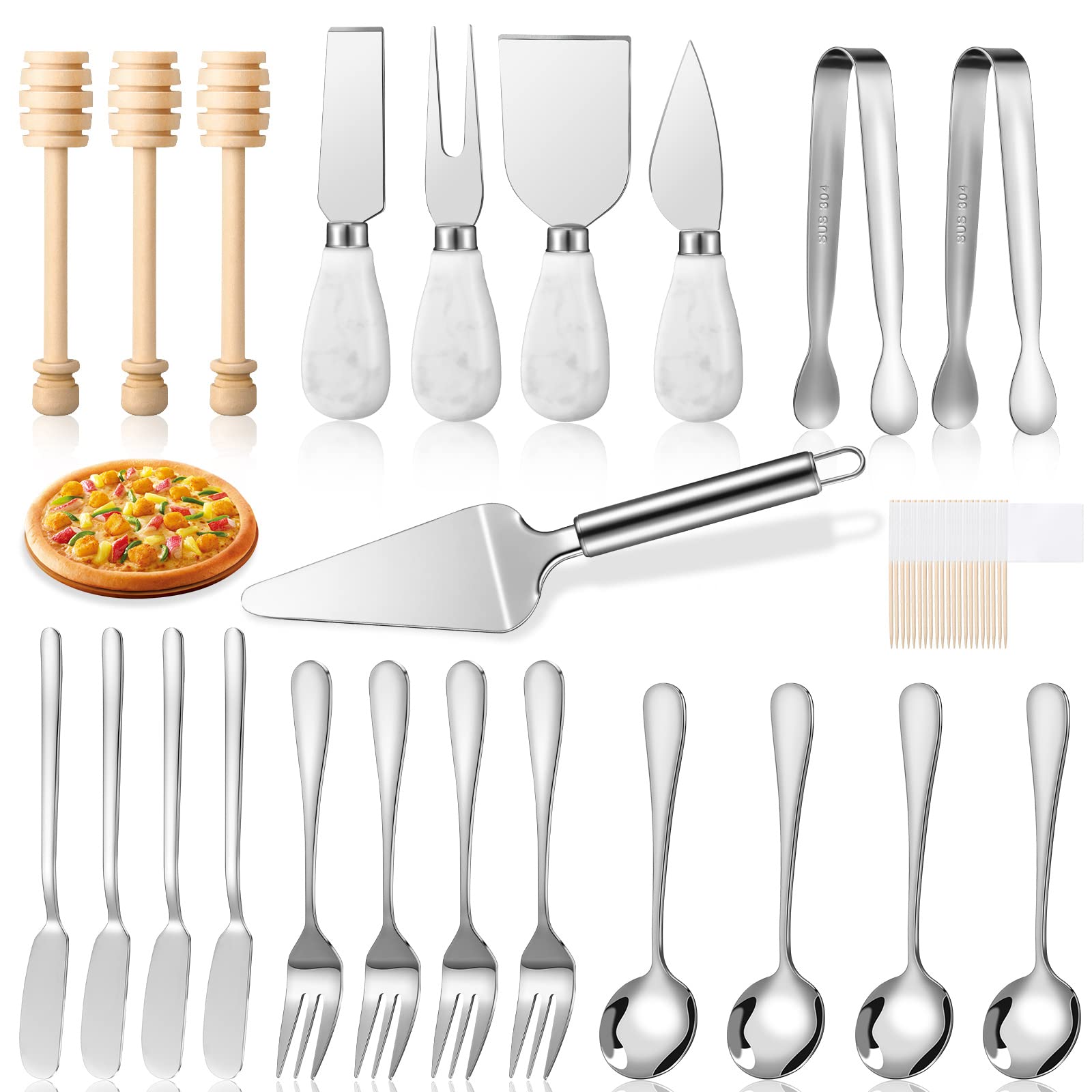22-Piece Charcuterie Board Set with 100 Toothpick Flags, Cheese Spreaders, Marble Cheese Knife, Butter Spreader, Cake Server, Serving Tongs & Utensils - Perfect for Wine Parties, Cheese Platters & Charcuterie Boards