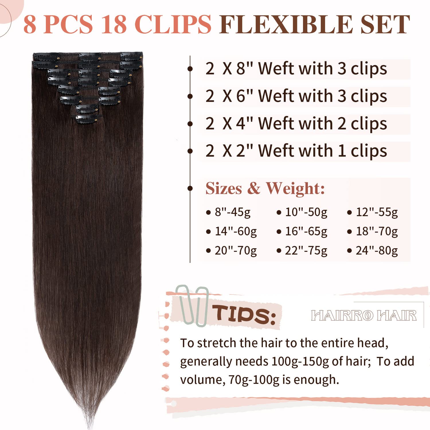 Hairro Clip in Hair Extensions 100% Human Hair - 14 Inch Thin Weft (60g) 8-Piece Set with 18 Clips - Straight Hair for Women - #2 Dark Brown - Perfect for Volume, Length & Styling for Parties, Weddings & Daily Wear