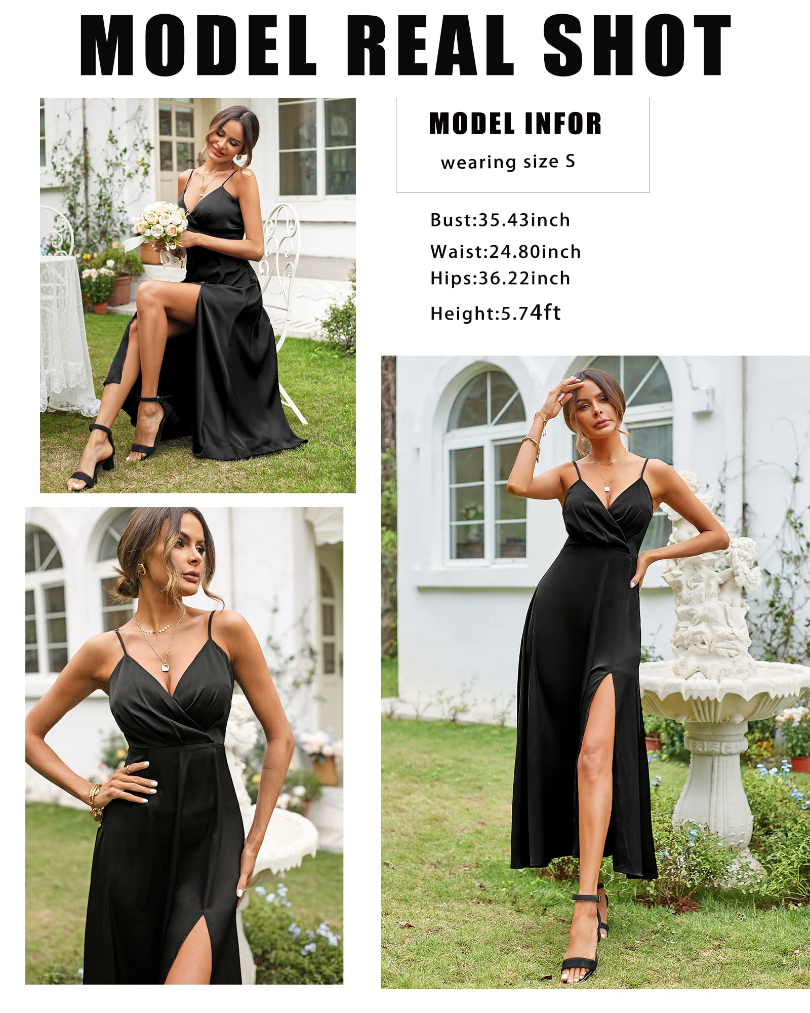 Newshows Women's 2024 Summer V-Neck Satin Cocktail Dress - Spaghetti Strap Sleeveless Maxi Dress with High Slit for Wedding Guest, Party, Evening & Special Occasions