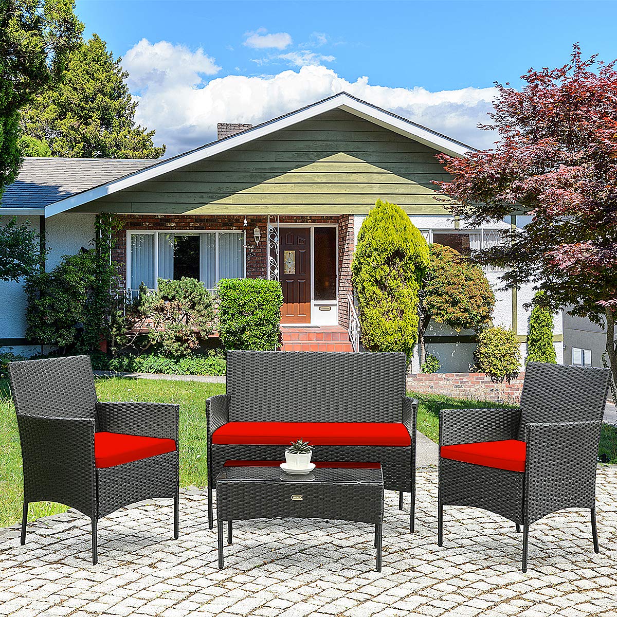 HAPPYGRILL 4-Piece Outdoor Patio Furniture Set - Rattan Wicker Conversation Sofa Set with Tempered Glass Coffee Table & Removable Cushions - Perfect for Poolside, Garden, Backyard, and Patio Relaxation
