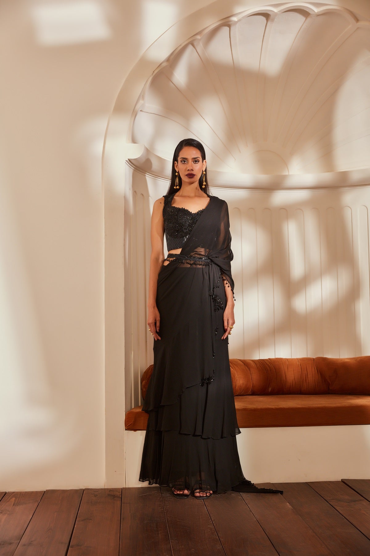 Elegant Black Ruffle Saree with Matching Blouse & Belt - Noire Glass Beads & Thread Embroidery for Women | Perfect for Weddings, Parties & Special Occasions