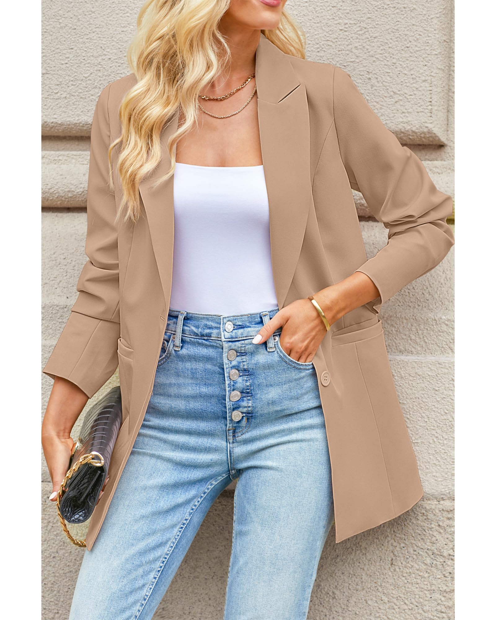 Luvamia Women's Business Casual Blazer Jacket - Professional Long Office Blazer with Lapel Pockets for Work, Interview & Formal Occasions