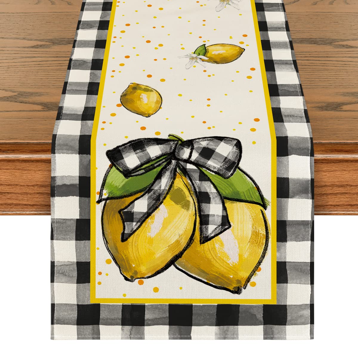 Buffalo Plaid Lemon Summer Table Runner - 13x108 Inch Seasonal Spring Kitchen Dining Table Decor for Home, Party & Outdoor Picnic