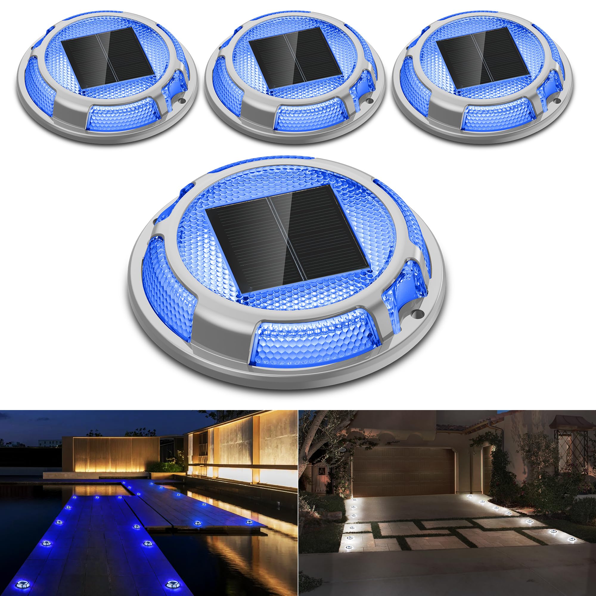 Solar Powered LED Driveway Lights - Waterproof Outdoor Solar Deck Lights (4 Pack, Blue & White) for Pathway, Stairs, Steps - Perfect for Garden, Patio, and Landscape Lighting at Night