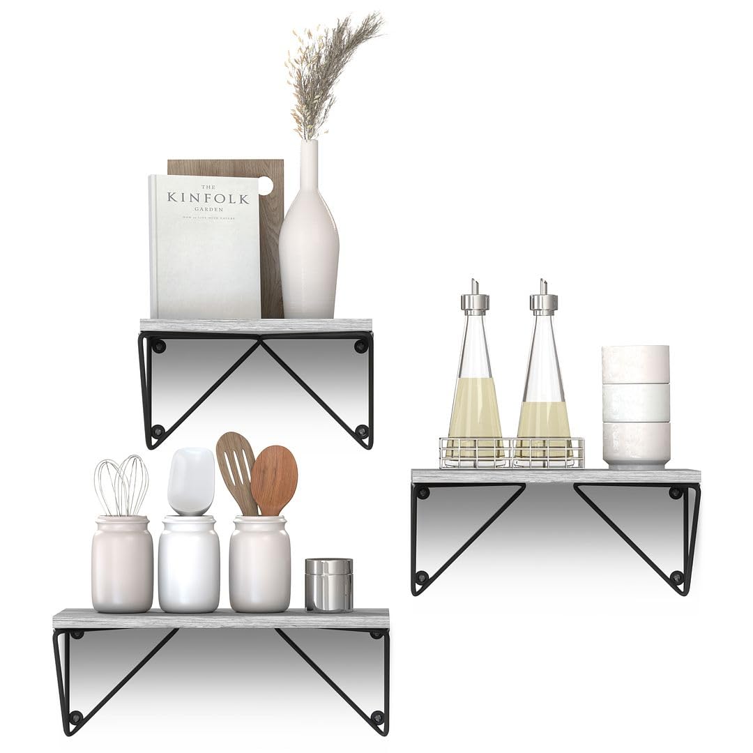 Floating Wall Shelves Set of 3 - Modern Grey Wood Wall Mounted Shelves with Prism Brackets for Books, Decor & Storage | Perfect for Living Room, Bedroom, Kitchen & Bathroom Organization