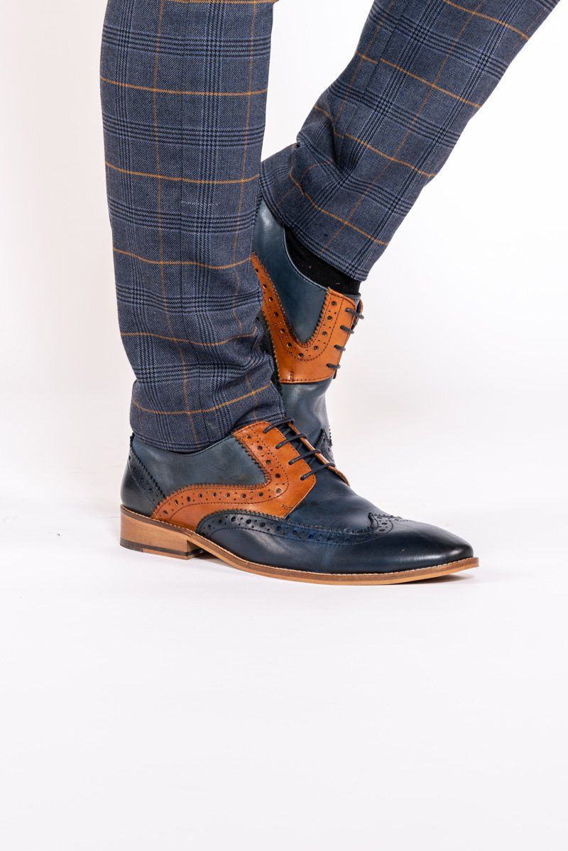 RILEY Navy & Tan Leather Contrast Oxford Brogue Shoes for Men | Classic Wingtip Dress Shoes for Business, Wedding & Formal Occasions