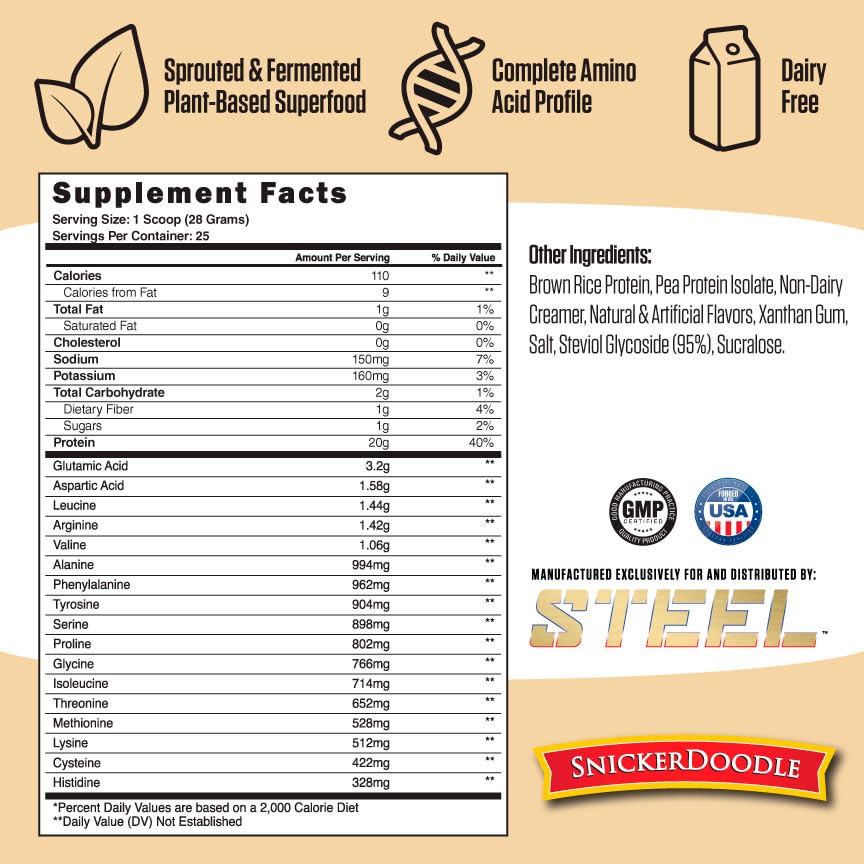 Steel Supplements Veg-PRO Vegan Protein Powder - Snickerdoodle Flavor | 25 Servings (1.65lbs) | Organic Plant-Based Protein with BCAA Amino Acids | Gluten Free, Dairy Free, Low Carb | Perfect for Post-Workout Recovery & Healthy Snacking