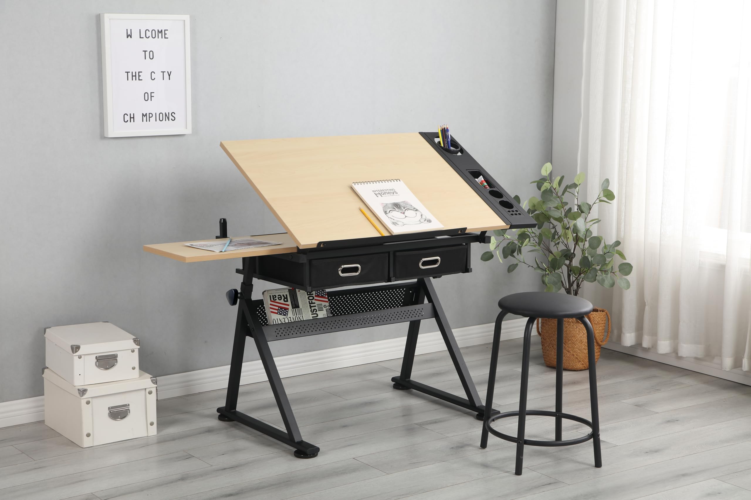 Adjustable Drafting Table for Artists - Tilting Desk for Painting & Sketching with Storage Drawers - Home Studio & Office Use