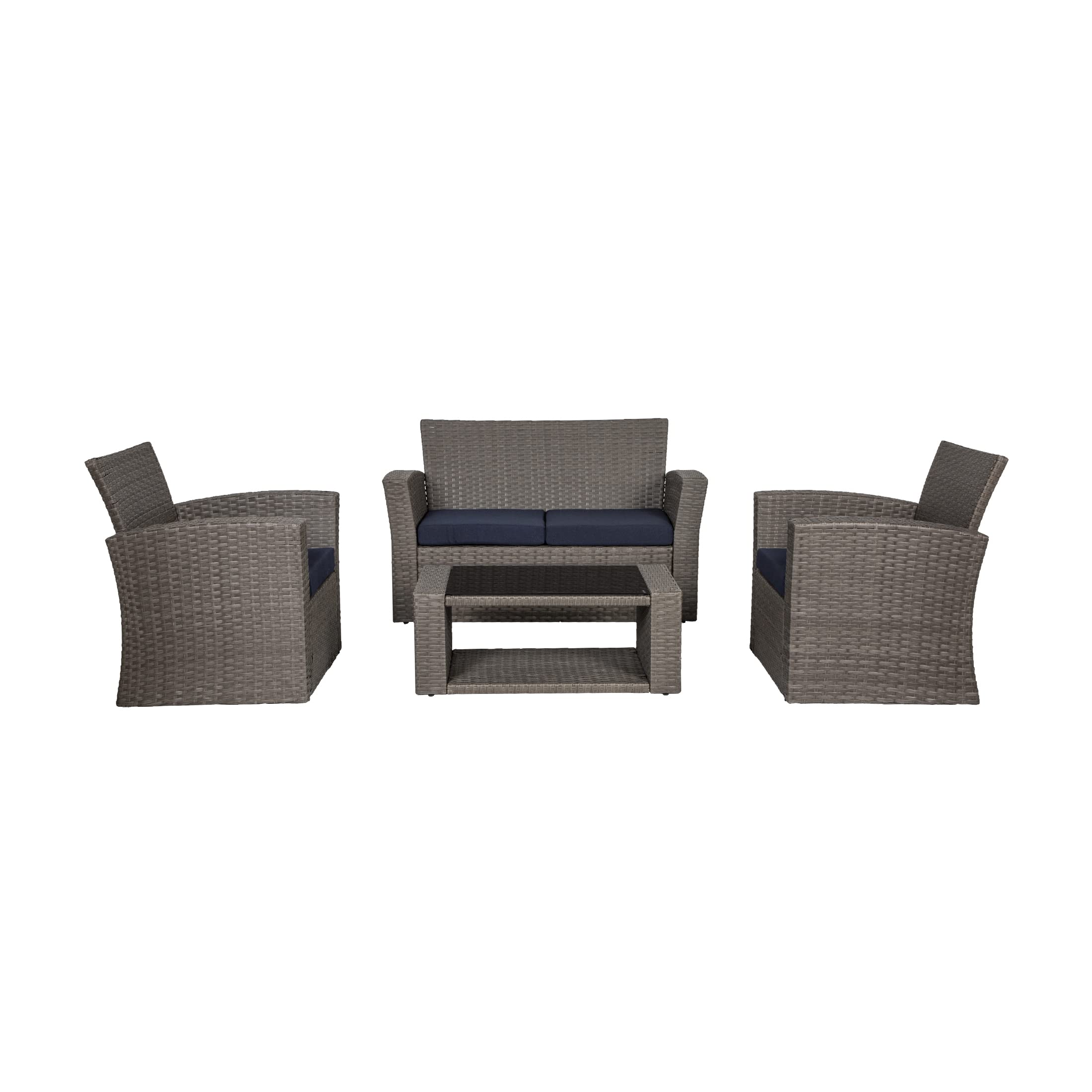 WO Home Furniture 4-Piece Patio Conversation Set - Gray Rattan Wicker Sofa, Chairs & Coffee Table with Navy Blue Pillow Cushions | Outdoor Garden Furniture for Backyard, Poolside & Terrace Relaxation