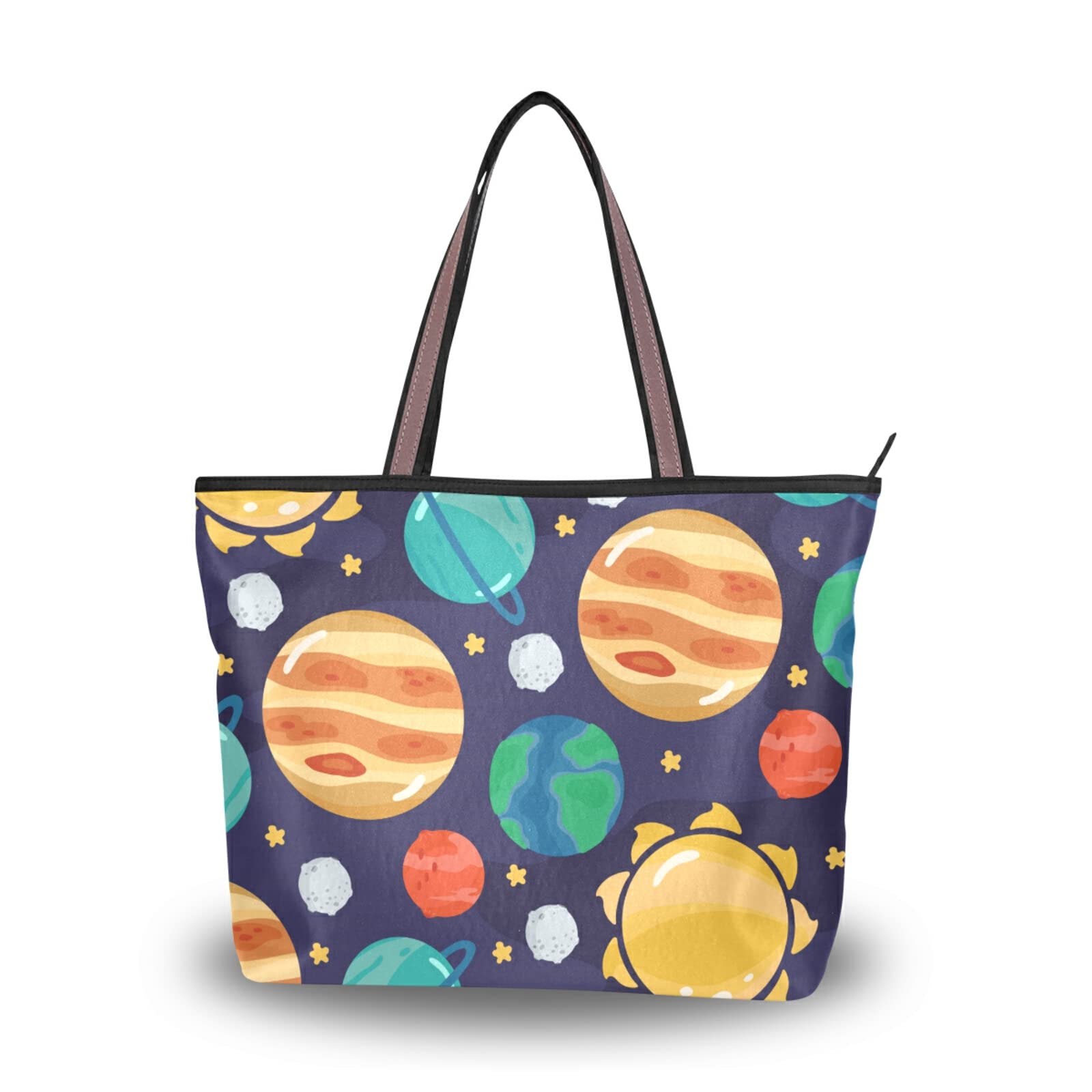 Stylish Space Planets Print Tote Bag for Women - Large Capacity Zipper Grocery Bag with 2 Size Options | Perfect for Shopping, Travel & Daily Use