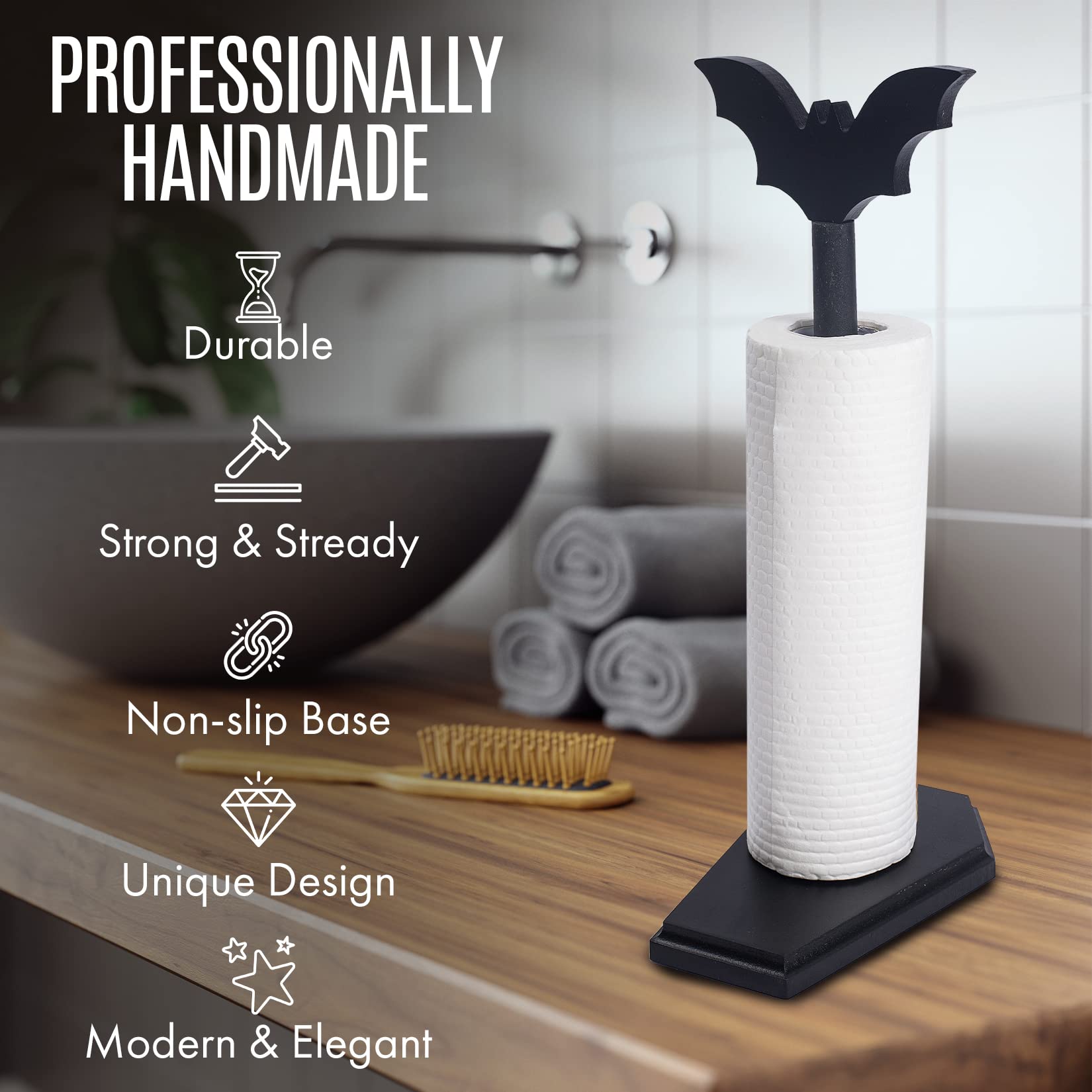 Gothic Bat Paper Towel Holder - Halloween Kitchen & Bathroom Decor - Unique Goth Home Accessories for Countertops - Spooky Witchy Gift Ideas for Women | Perfect for Halloween Parties, Gothic Themed Homes & Dark Aesthetic Decor