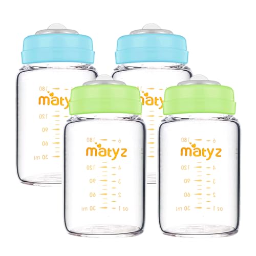 [Pack of 4] 2 Green & 2 Blue Lids - 6 Ounce Clear Borosilicate GLASS Bottle