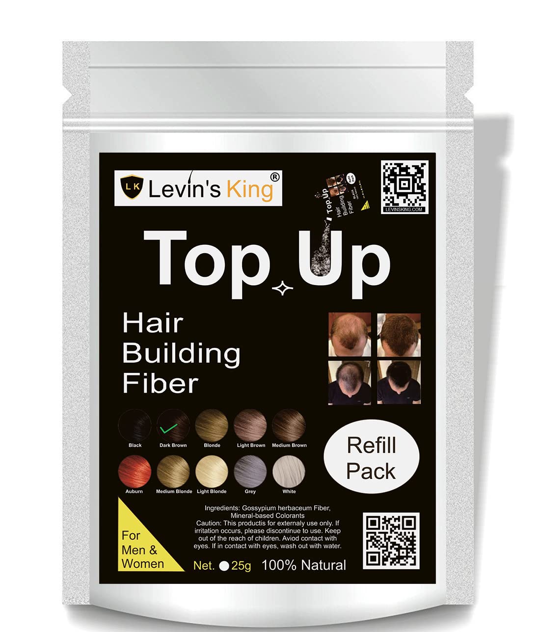 Levins King Hair Building Fiber - Dark Brown Hair Concealer Refill Pack for Thinning Hair | Works with Caboki & Other Hair Fibers | Instant Coverage for Bald Spots & Receding Hairlines