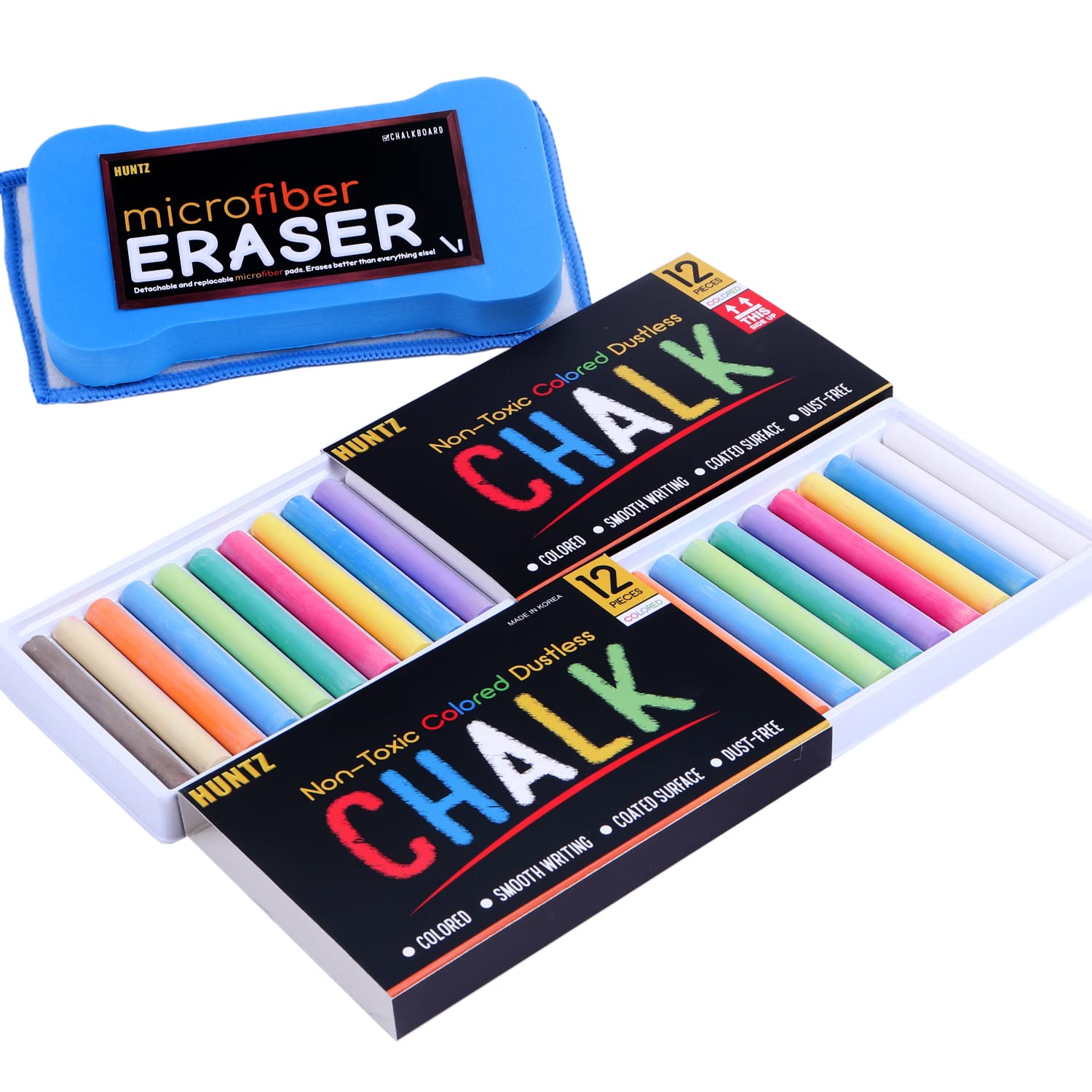 **Huntz Dustless Chalk Set - 24 Multi-Color Washable & Reusable Chalks with Microfiber Eraser - Perfect for Kids, Classrooms, Sidewalk Art & Home Learning Activities**