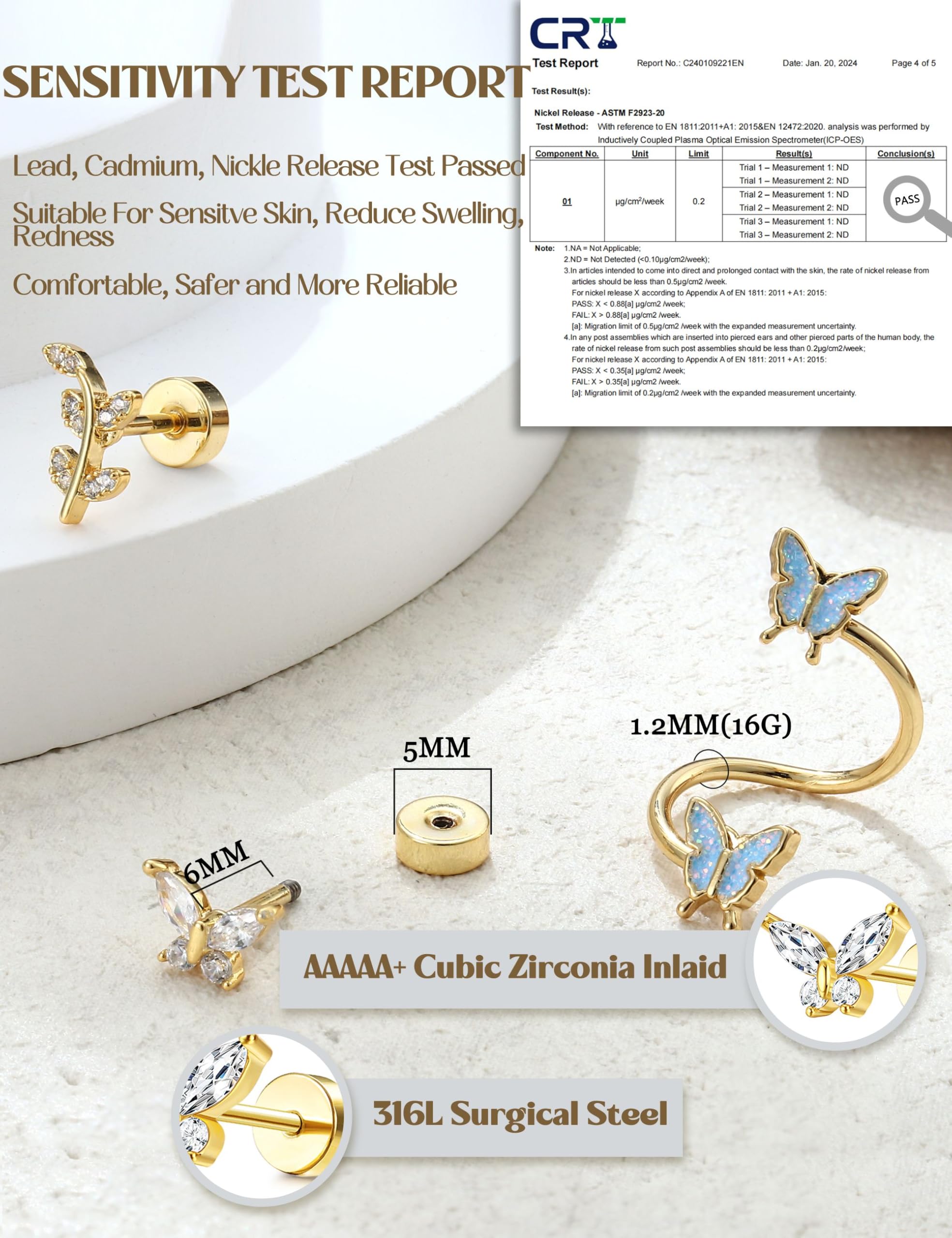 LOLIAS 16 Gauge Cartilage Earrings for Women - Stainless Steel Helix Piercing Jewelry with CZ Studs, Leaf & Butterfly Design, Flat Back Earrings - Perfect for Daily Wear, Parties & Gifts