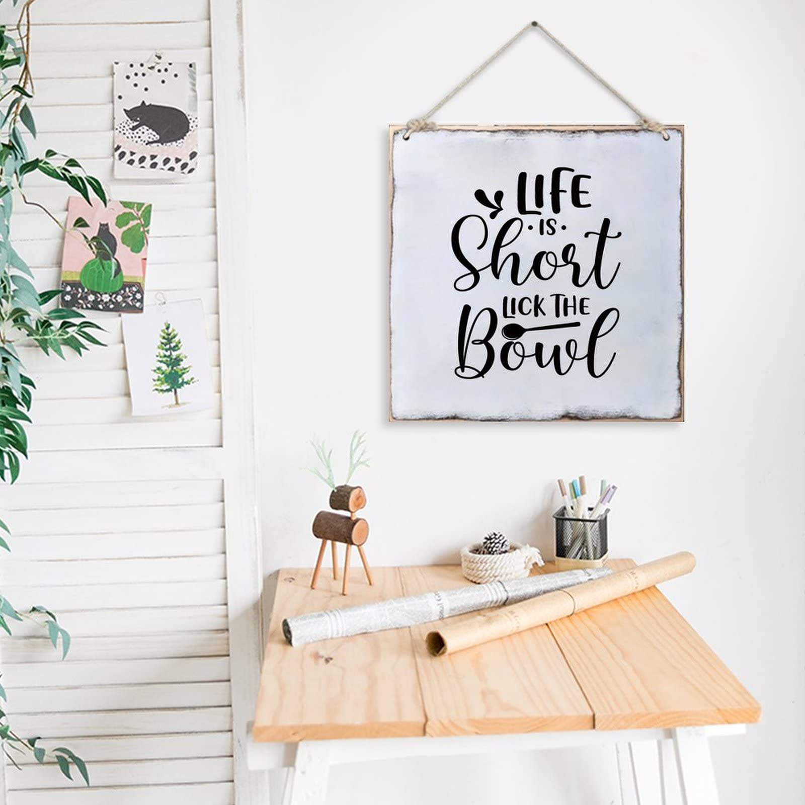 Funny Rustic Wood Sign - Life Is Short Lick The Bowl - Distressed Look Kitchen Wall Decor for Farmhouse, Dining Room, Cafe & Bar - Perfect for Home, Office & Gift Giving