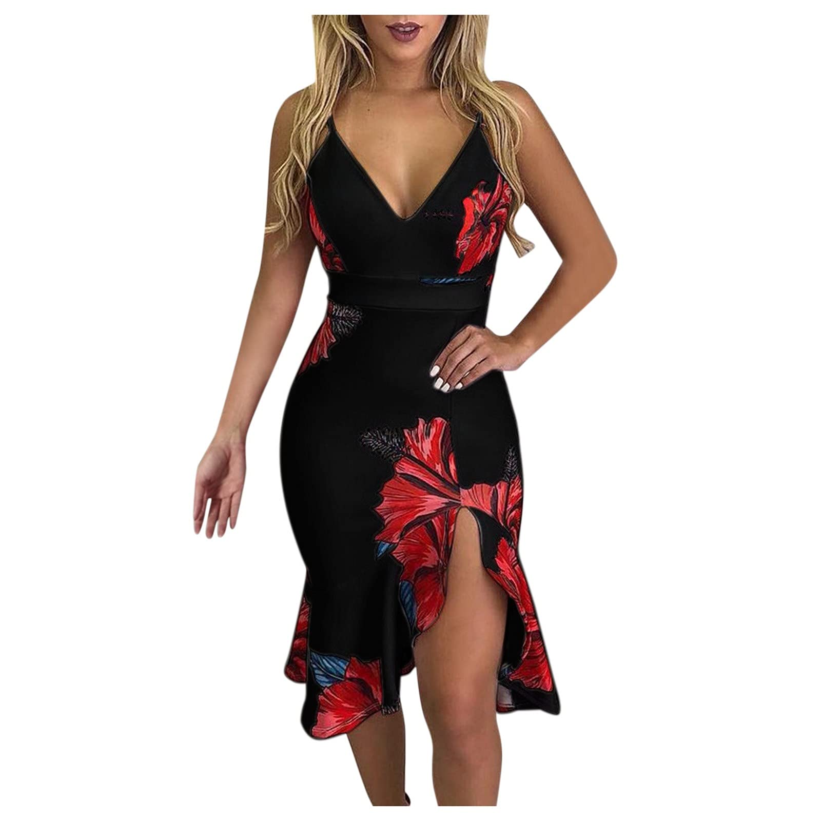 Elegant Floral Print V-Neck Spaghetti Strap Party Dress for Women - Perfect for Cocktail Parties, Weddings & Special Occasions