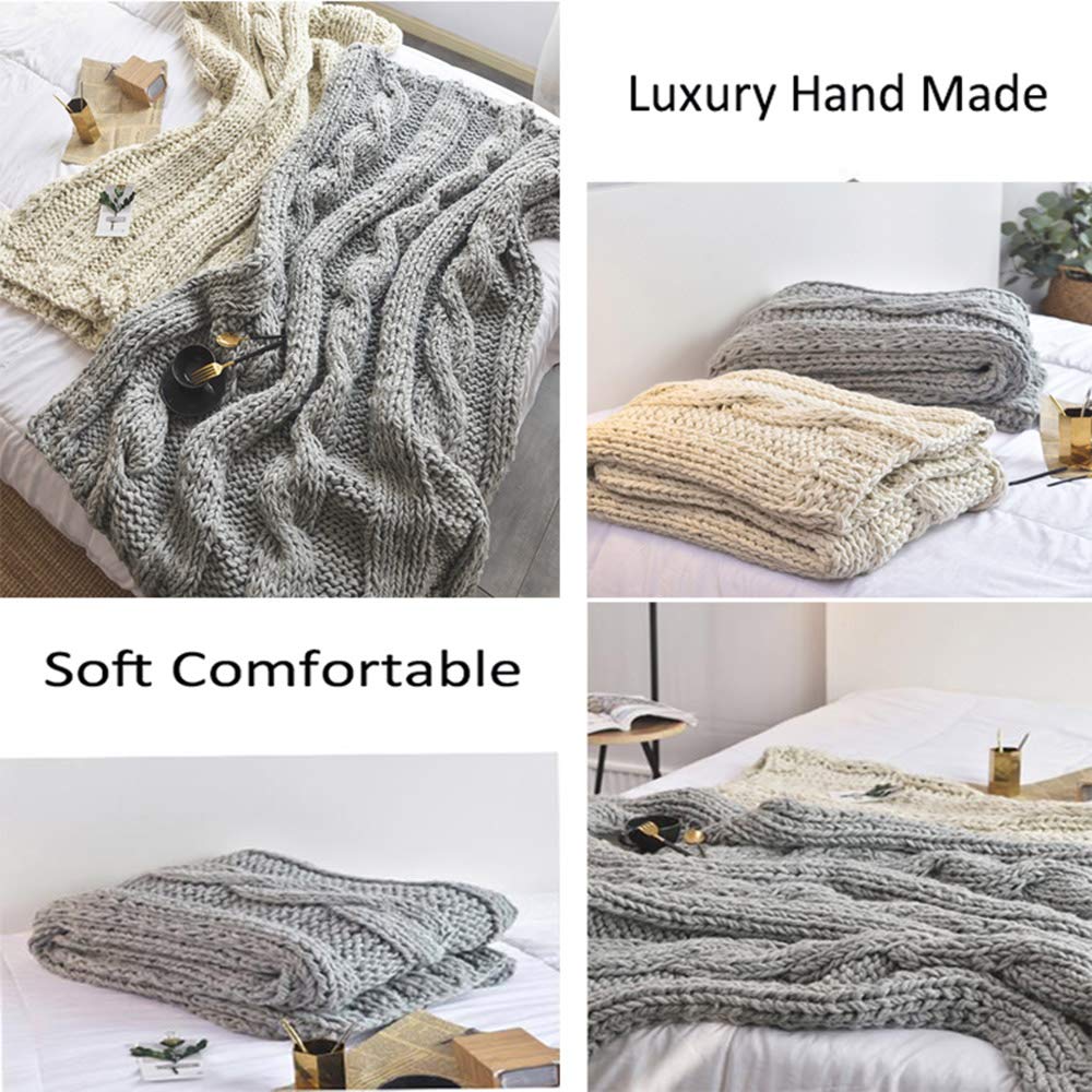 Luxury Chunky Knit Throw Blanket - Ultra Soft & Comfortable Handmade Weighted Blanket for Bed, Couch & Chair - Oversized 51x63 Inch (130x160cm) in Beige/Grey - Perfect for Cozy Nights, Relaxing & Home Decor