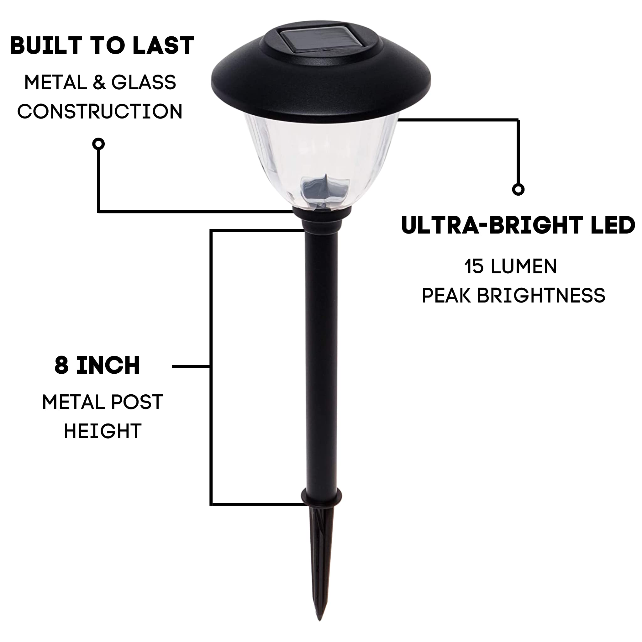 Energizer LED Solar Pathway Lights - 8 Pack Black Outdoor Solar Lights - IP65 Waterproof with Auto On/Off - Patterned Glass & Metal Construction - Perfect for Garden, Walkway, Driveway, and Landscape Lighting