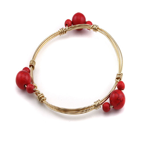 Coral Red Beaded Stone Wire Bangle Bracelet - Handmade Boho Jewelry for Women, Perfect for Casual Wear, Parties & Gifts