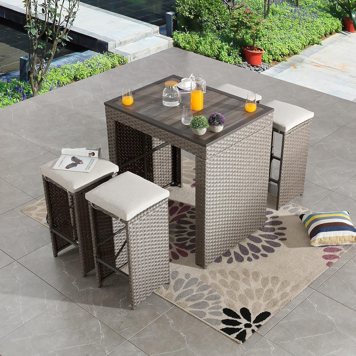 LOKATSE HOME 5-Piece Outdoor Bar Set with Patio Stools & Rattan Table - Pub Height Wicker Furniture with Removable Cushions - Perfect for Backyards, Porches, Gardens, Poolside & Outdoor Entertaining - Brown