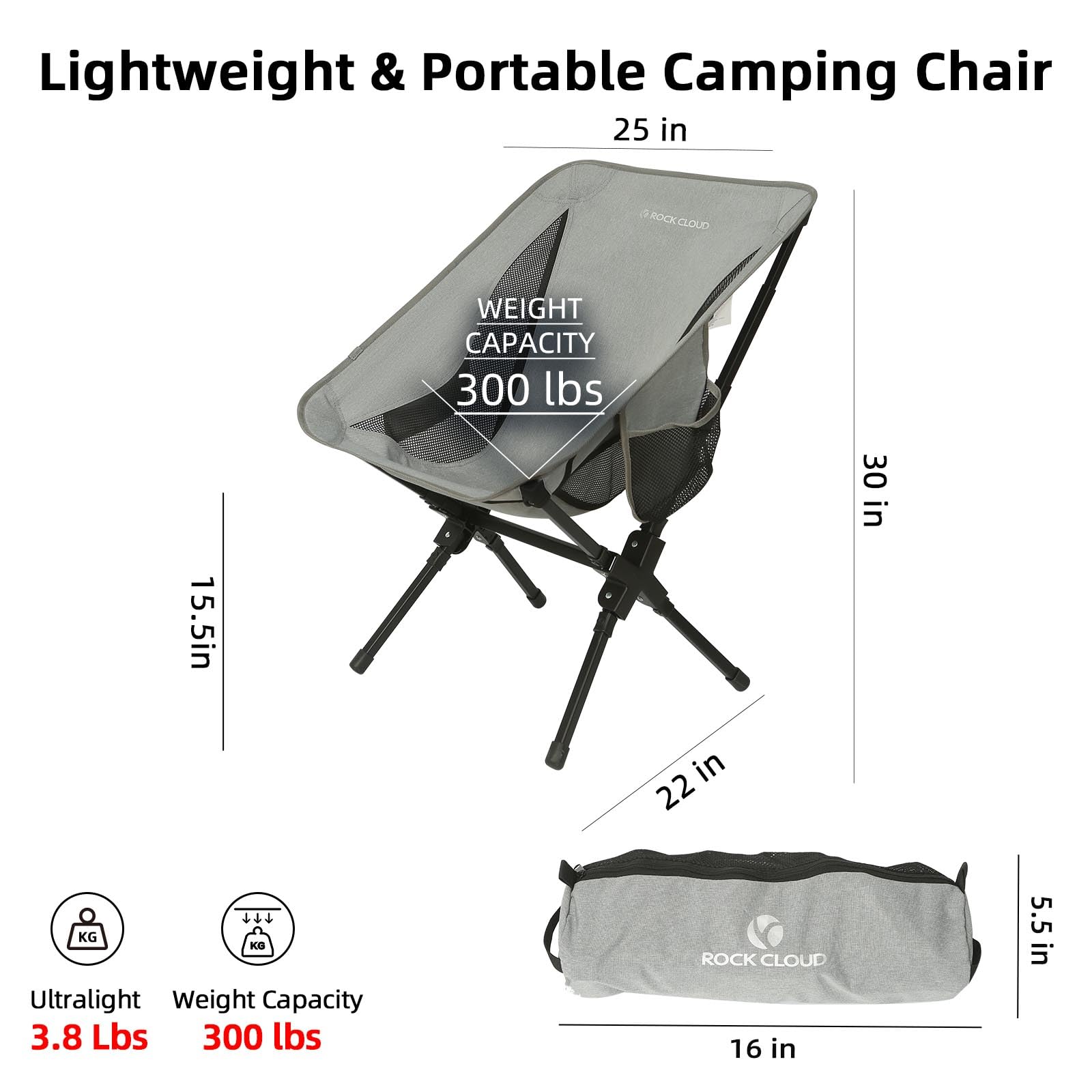 ROCK CLOUD Ultralight Folding Camping Chair - Portable Compact Outdoor Chair for Camping, Hiking, Backpacking, Beach, Lawn & Sports | Perfect for Picnics, Tailgating, Concerts and Outdoor Adventures